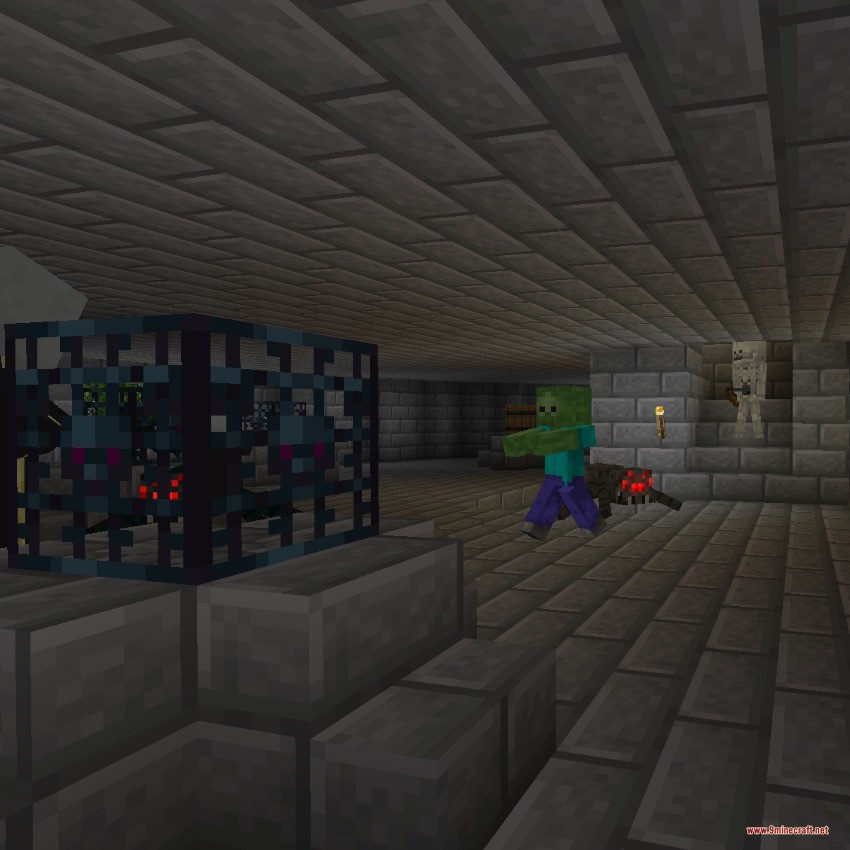 Roguelike Tower Data Pack (1.20.1) – Climb Randomized Floors For Rich Dungeon 6 A zombie and spider roam a stone brick dungeon with a monster spawner