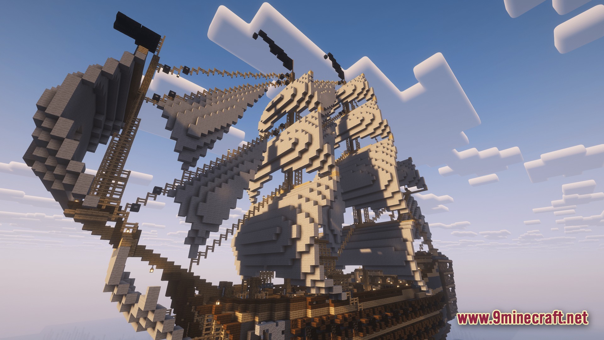 Saltwater Chronicles Modpack (1.21.1) – Explore Oceans And Defeat Monsters 11 A large wooden sailing ship with white sails and intricate rigging under a clear sky