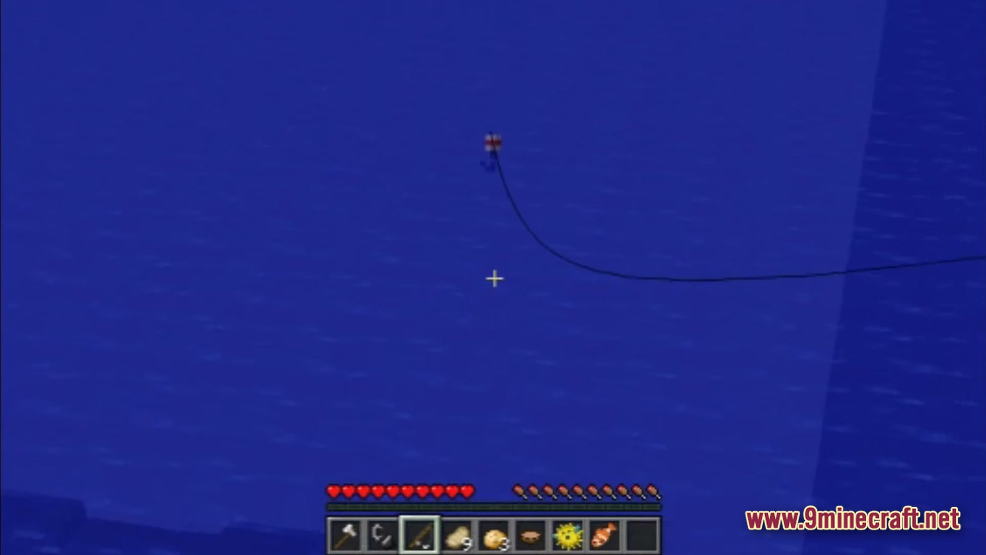 Saltwater Chronicles Modpack (1.21.1) – Explore Oceans And Defeat Monsters 4 A fishing line and bobber cast into the deep blue water of an ocean biome