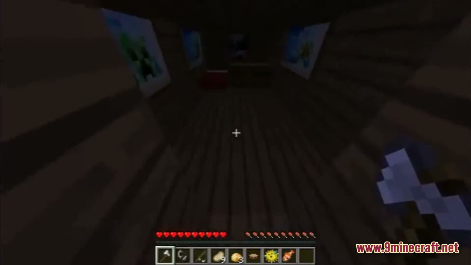 Saltwater Chronicles Modpack (1.21.1) – Explore Oceans And Defeat Monsters 5 A player holds an axe inside a dark wooden room decorated with paintings and furniture