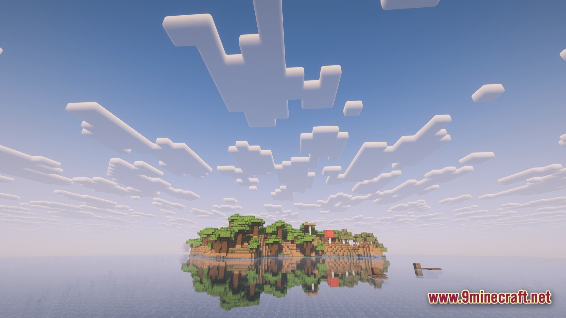 Saltwater Chronicles Modpack (1.21.1) – Explore Oceans And Defeat Monsters 8 A small forested island with mushrooms reflects on the surface of a calm, vast ocean