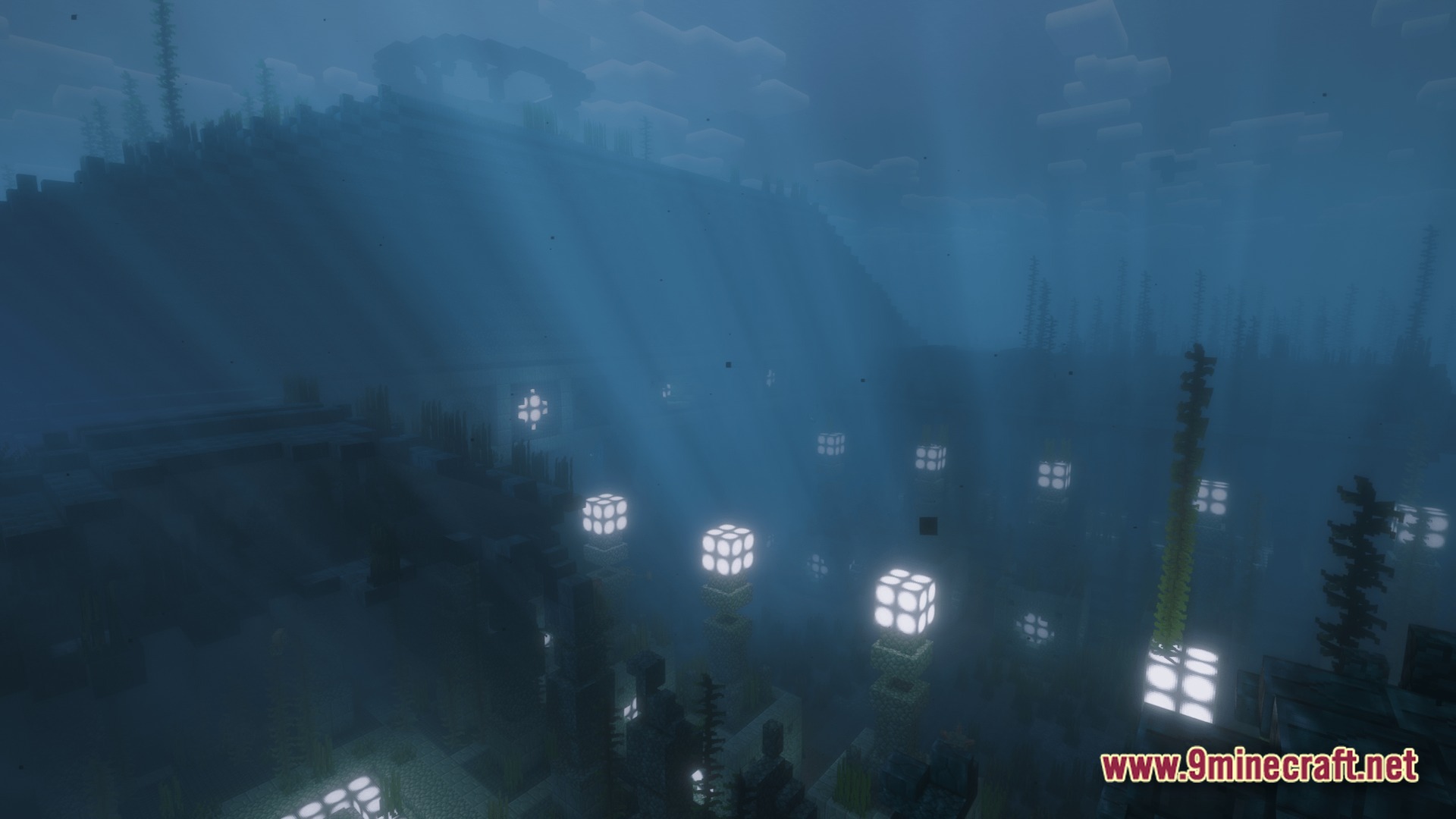Saltwater Chronicles Modpack (1.21.1) – Explore Oceans And Defeat Monsters 9 Glowing light blocks illuminate a dark underwater trench filled with kelp and stone structures