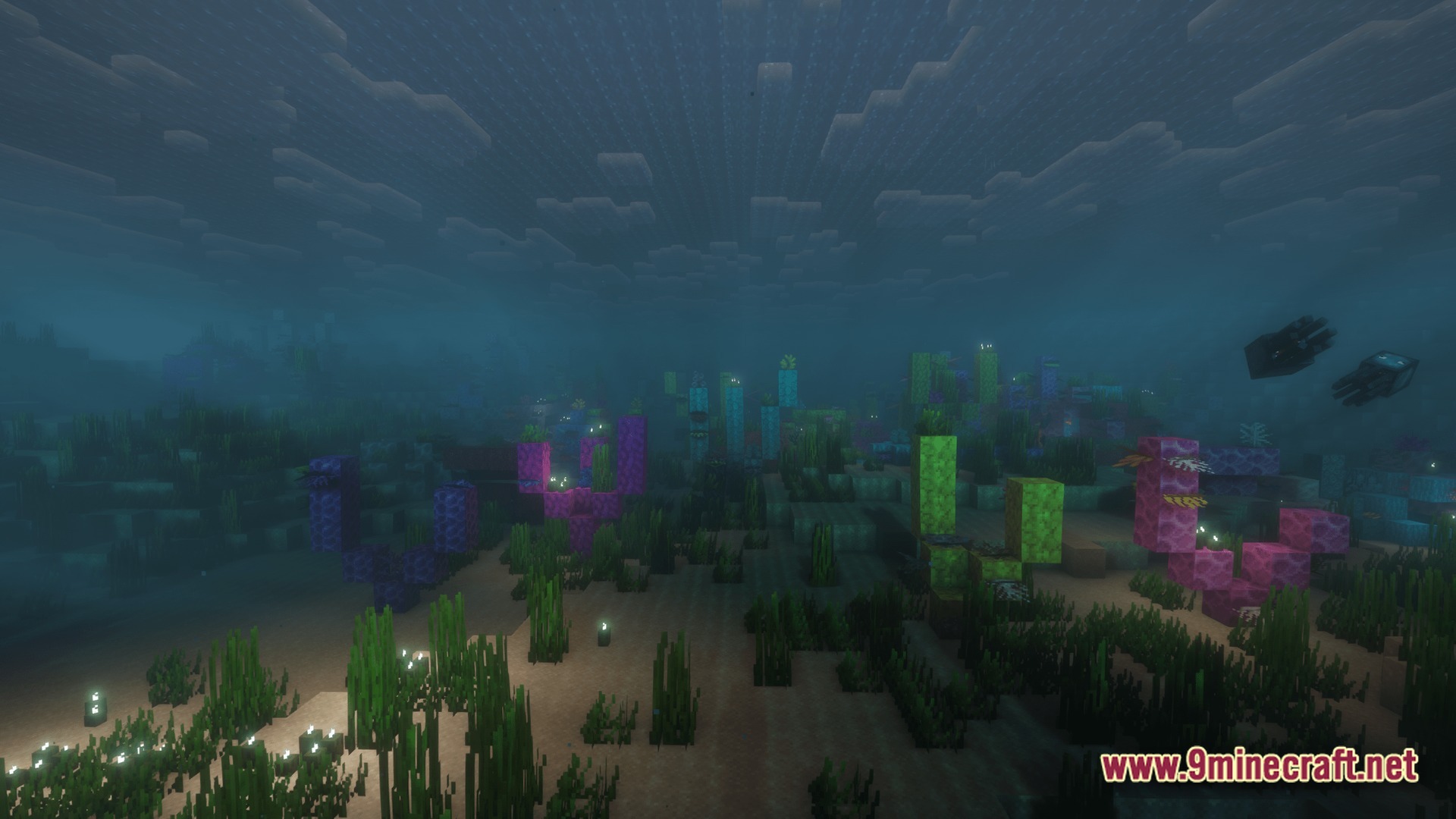 Saltwater Chronicles Modpack (1.21.1) – Explore Oceans And Defeat Monsters 10 An underwater coral reef biome featuring colorful coral blocks, seagrass, and swimming squid mobs