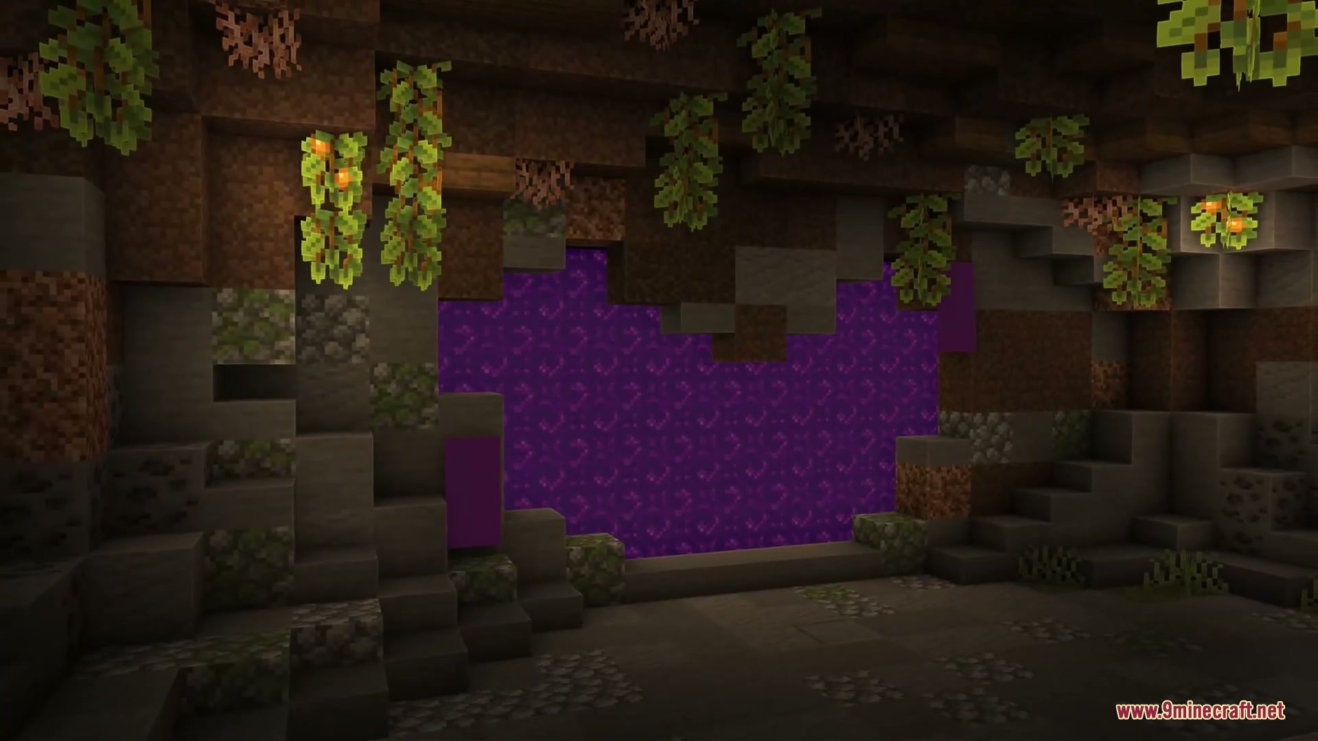 A glowing purple nether portal framed by lush cave vines and mossy stone blocks