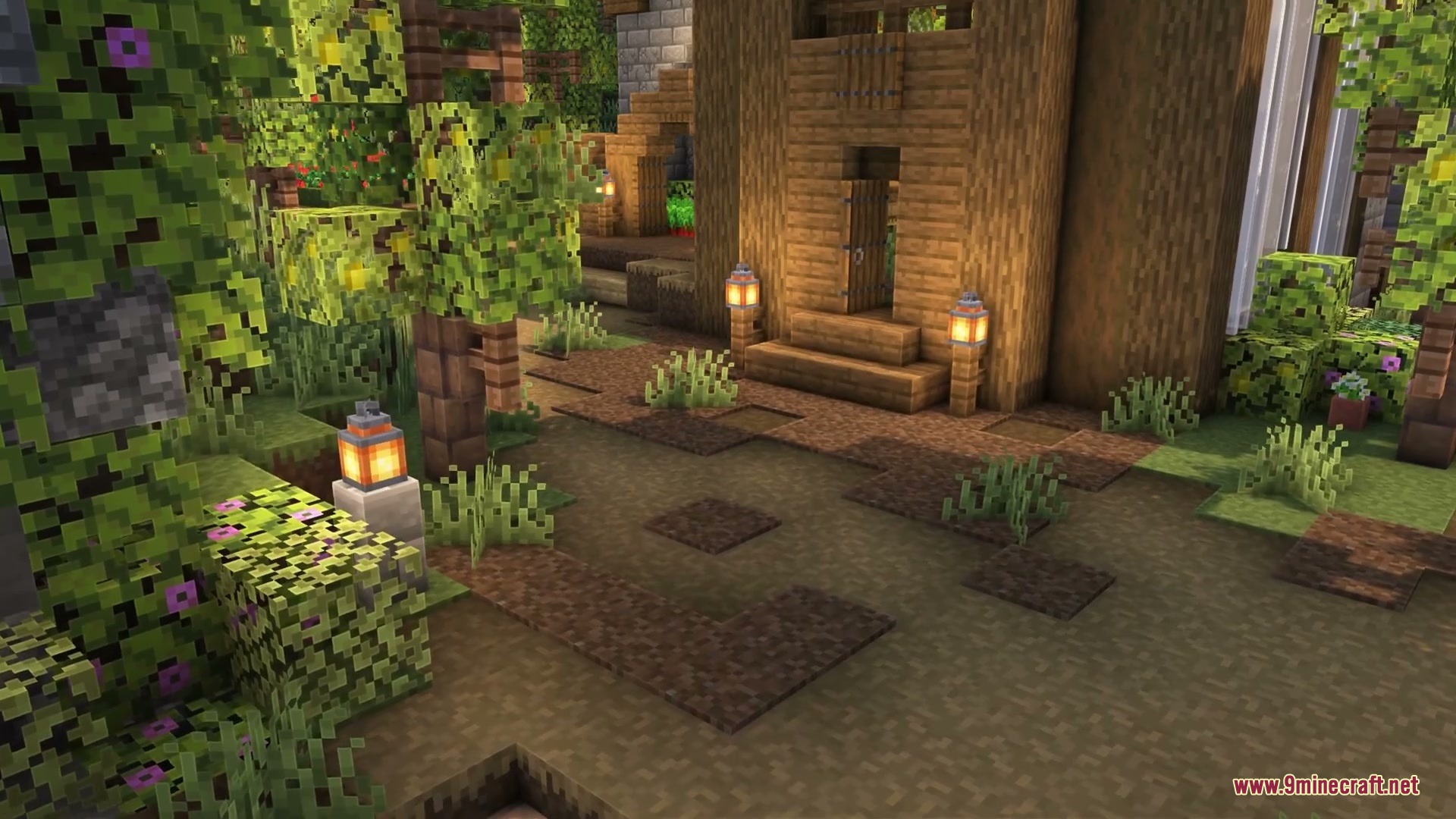 Cozy wooden house with lanterns and lush greenery along a dirt path