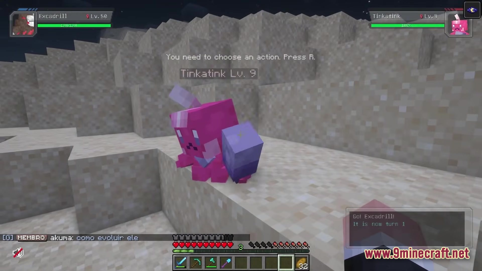 Servidor Jornadas Cobblemon Modpack (26.2, 1.21.1) – Your Ultimate Pokémon Minecraft Journey 3 A turn-based cobblemon battle between an excadrill and a tinkatink on a sandy terrain