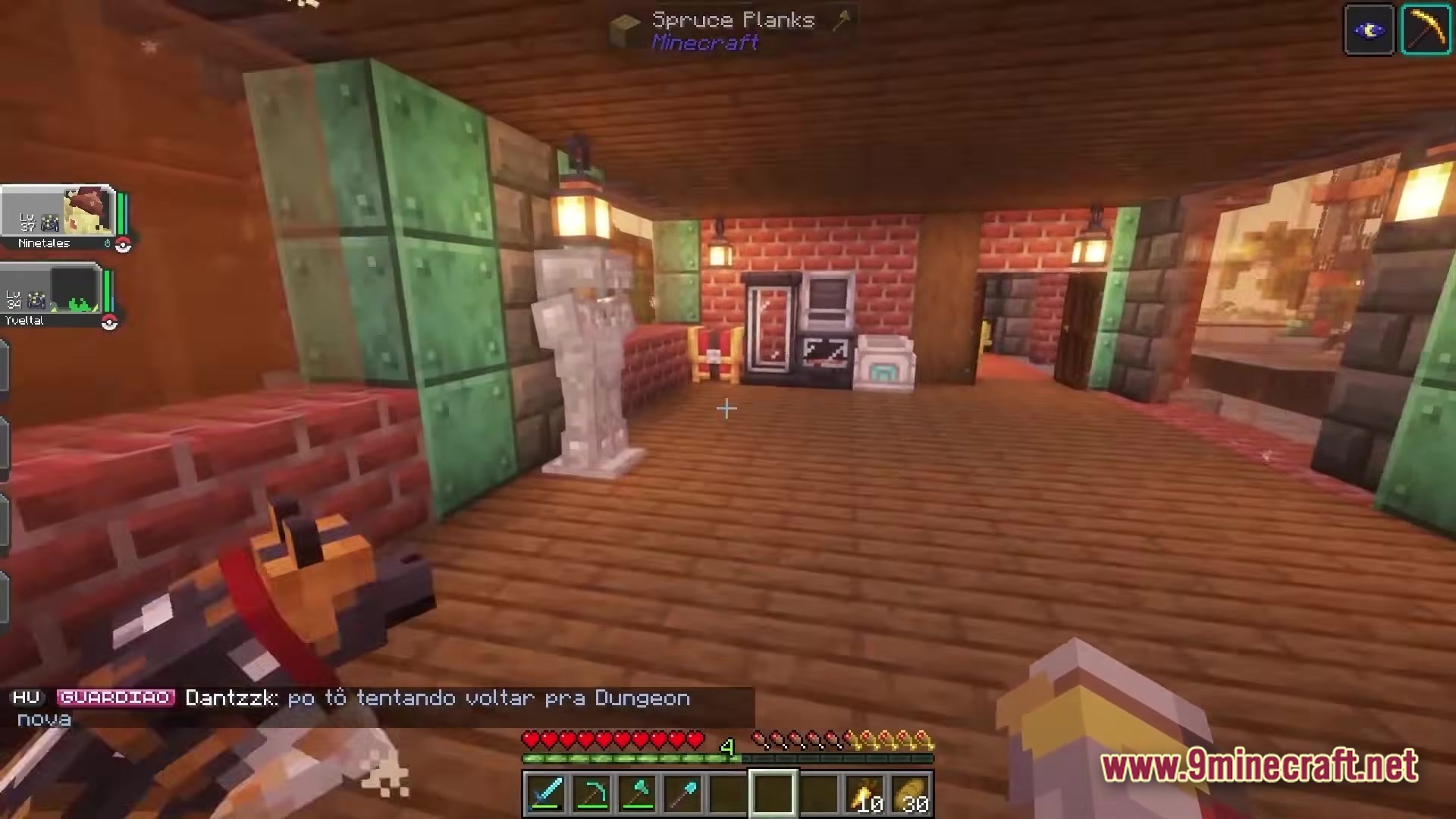Servidor Jornadas Cobblemon Modpack (26.2, 1.21.1) – Your Ultimate Pokémon Minecraft Journey 5 A player stands inside a brick and wood building featuring cobblemon healing machines and armor stands