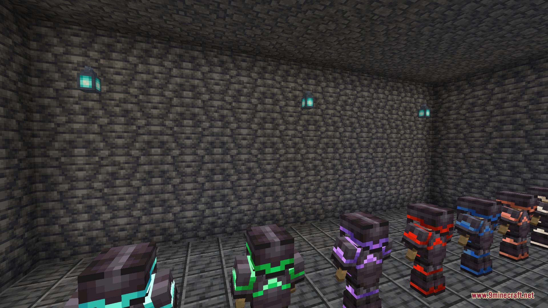 Shiny Armor Trims 9Minecraft Resource Pack (26.2) – Radiant Trims Glowing In The Dark 3 Angled view of armor stands with vibrant glowing trims