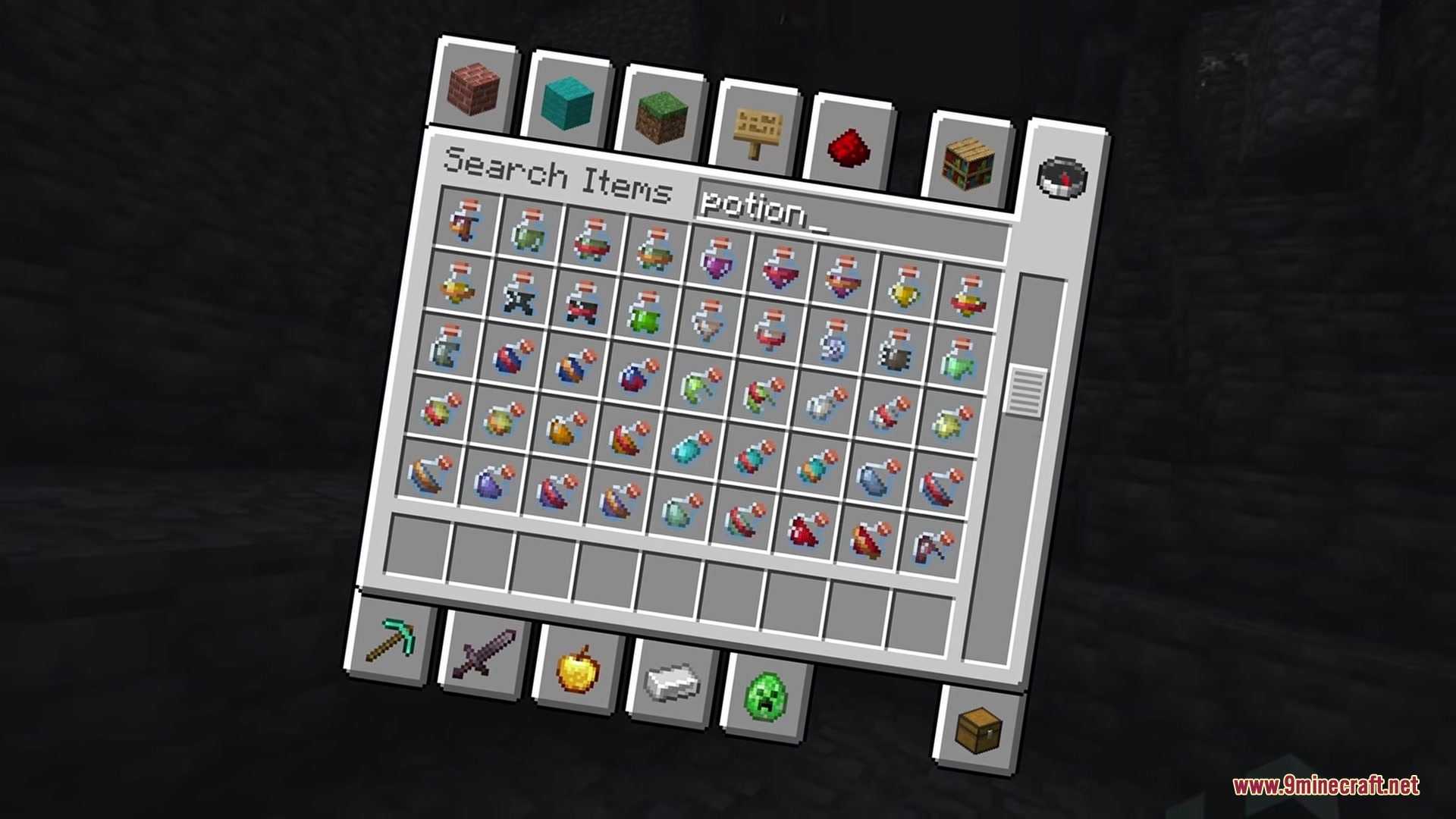 Minecraft creative inventory showing various potions with small badges on their icons