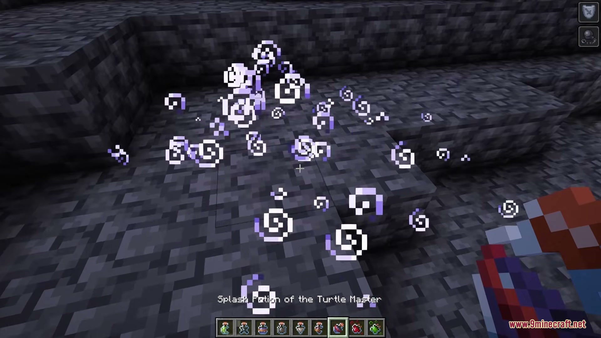 Player throwing a splash potion while holding items with small badge icons