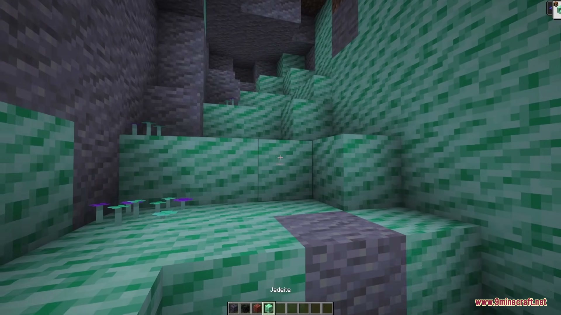 Simply Cave Biomes Mod (26.2, 1.20.1) – Transform Underground Mining 4 Mint green jadeite blocks and small cave blooms decorate an underground cavern