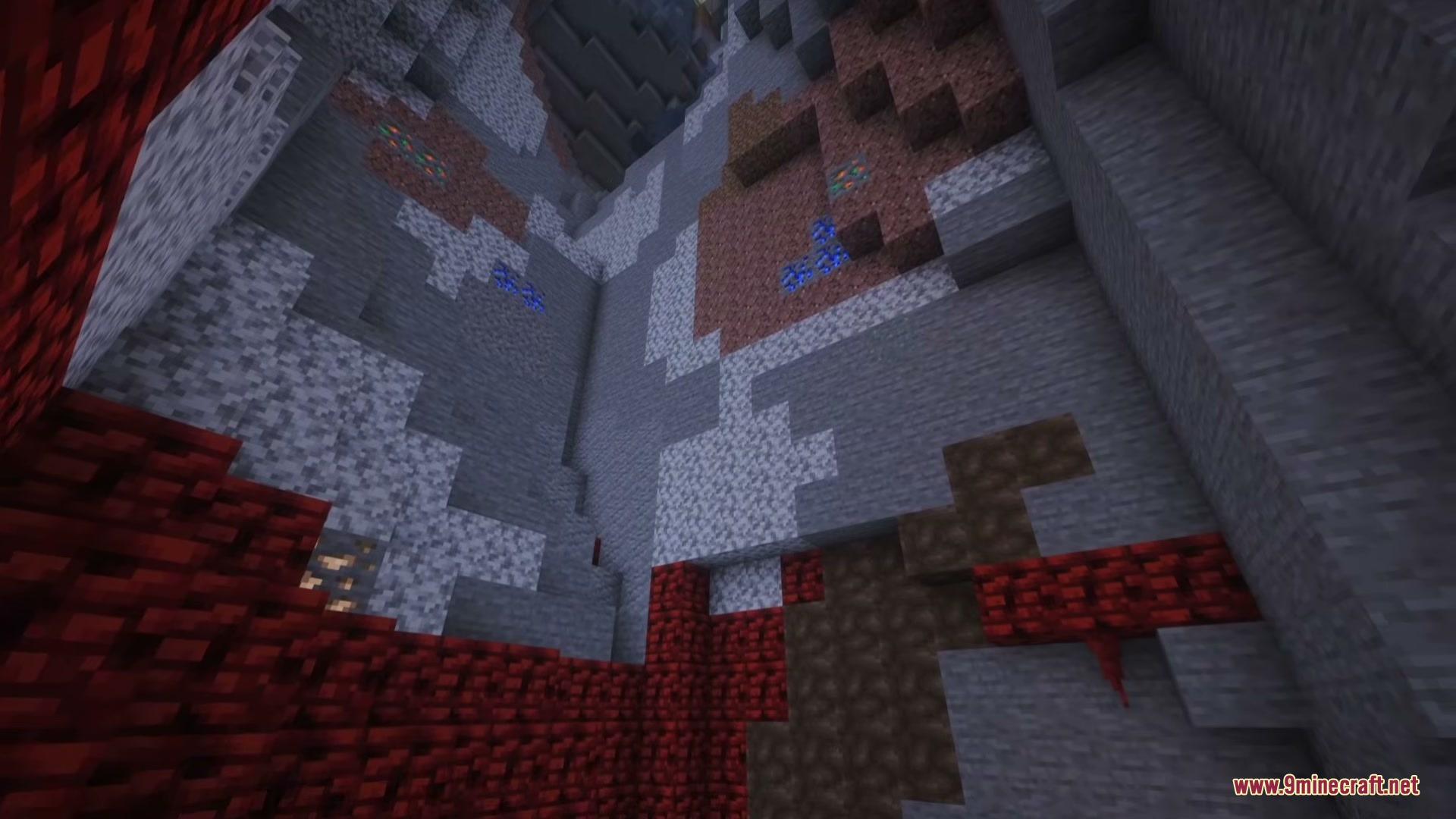 Simply Cave Biomes Mod (26.2, 1.20.1) – Transform Underground Mining 5 Underground cavern featuring red stone blocks and various ores in redstone mines