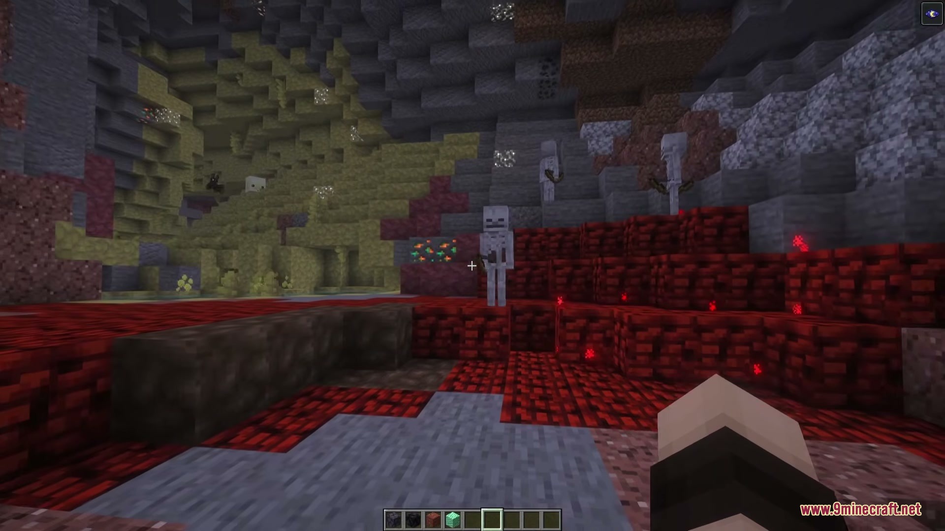 Simply Cave Biomes Mod (26.2, 1.20.1) – Transform Underground Mining 6 Skeletons standing on red minium blocks in the simply cave biomes mod