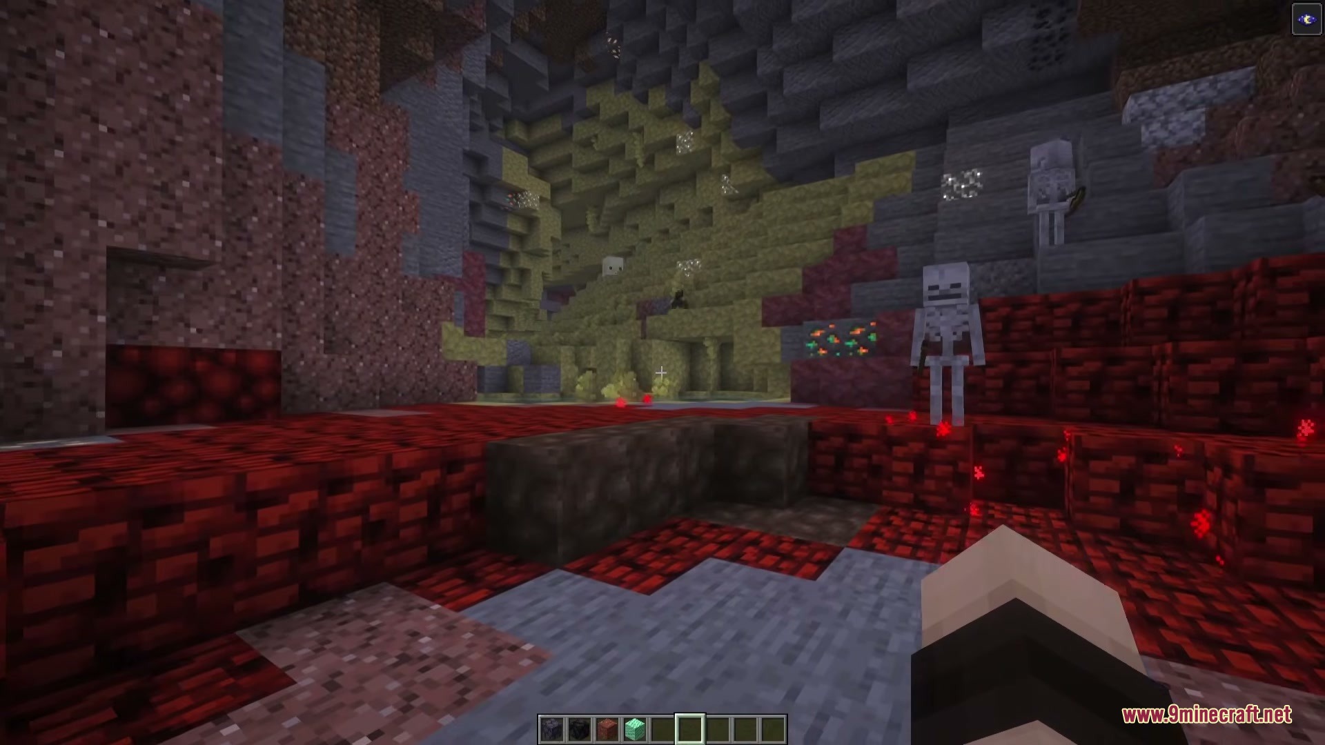 Simply Cave Biomes Mod (26.2, 1.20.1) – Transform Underground Mining 7 Skeletons standing on red minium blocks near dark blue crossite stone formations