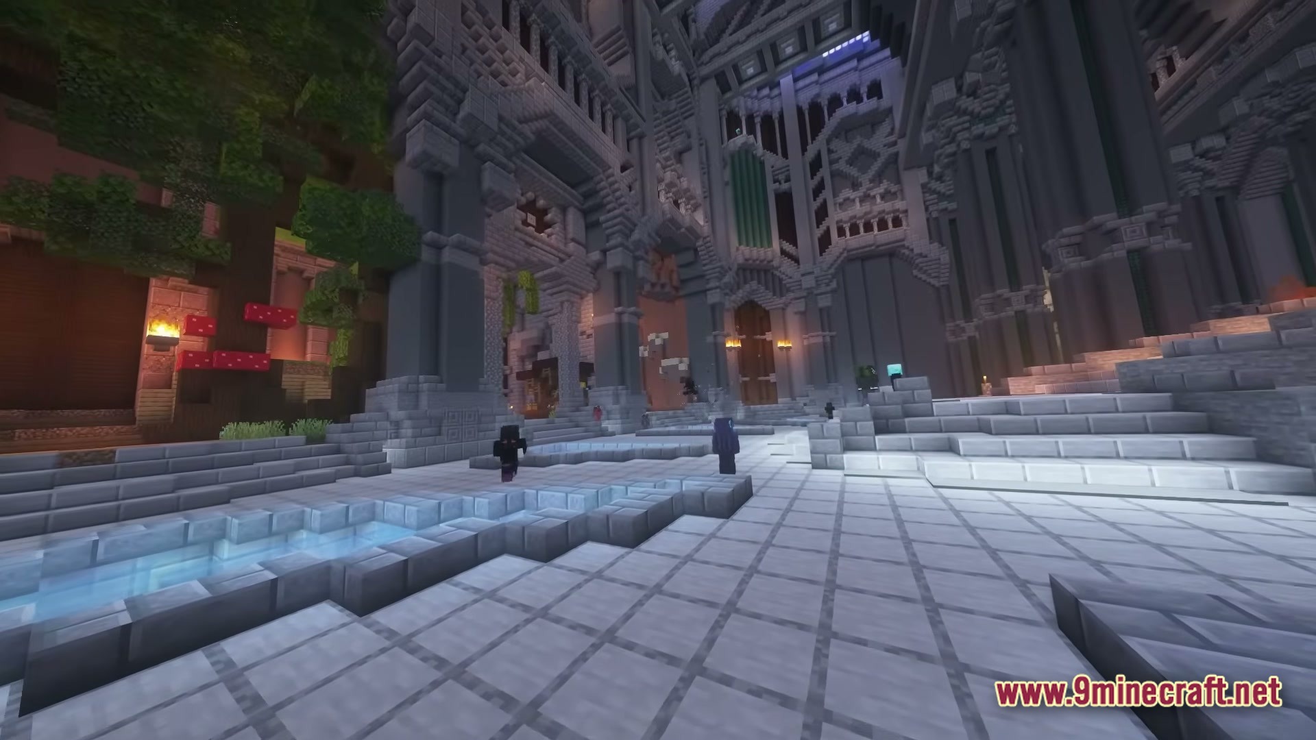 Skyblocker Hypixel Skyblock Modpack (26.2) – Boost Performance And Dominate Skyblock 2 Players stand within a large, ornate stone hall featuring high ceilings and detailed architectural structures