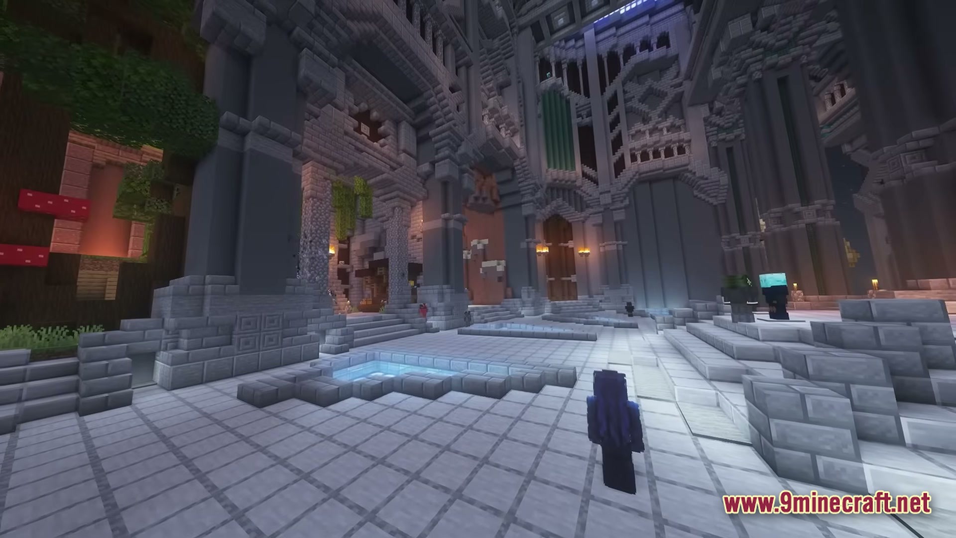 Skyblocker Hypixel Skyblock Modpack (26.2) – Boost Performance And Dominate Skyblock 3 A player stands within a large, ornate stone hall featuring high ceilings and intricate architectural details