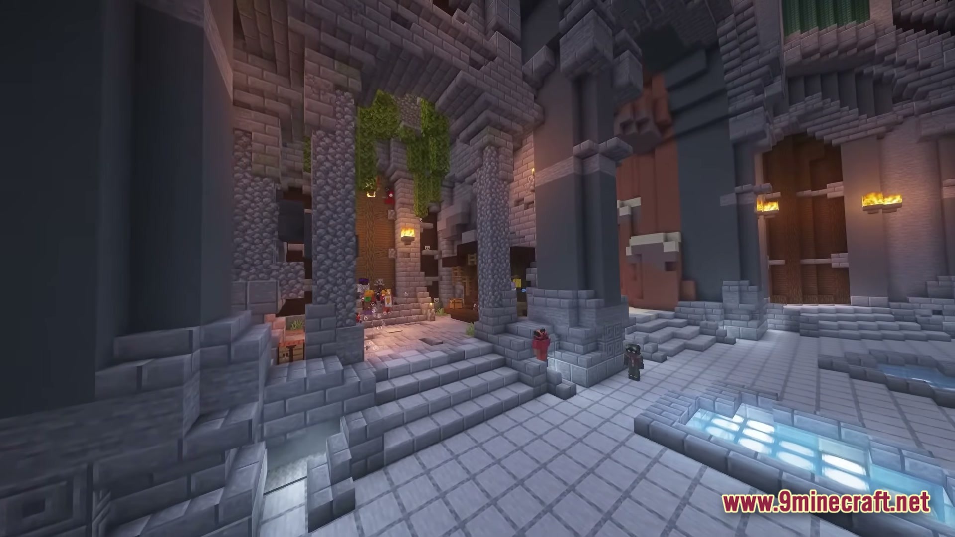 Skyblocker Hypixel Skyblock Modpack (26.2) – Boost Performance And Dominate Skyblock 5 A large stone hall featuring vaulted ceilings, pillars, and a glowing floor pool in hypixel skyblock