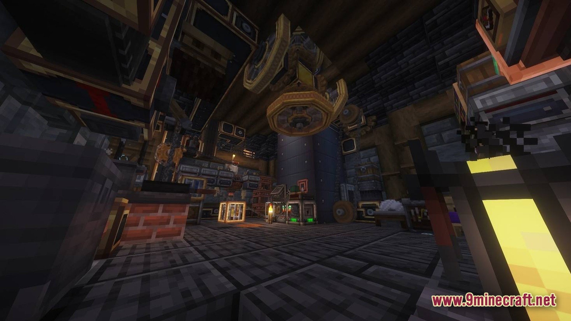 Skybound Engineering Alpha Modpack (1.21.1) – Build And Fly Moving Machines 11 A cluttered workshop interior featuring various mechanical components, rotating gears, and industrial machinery from the create mod
