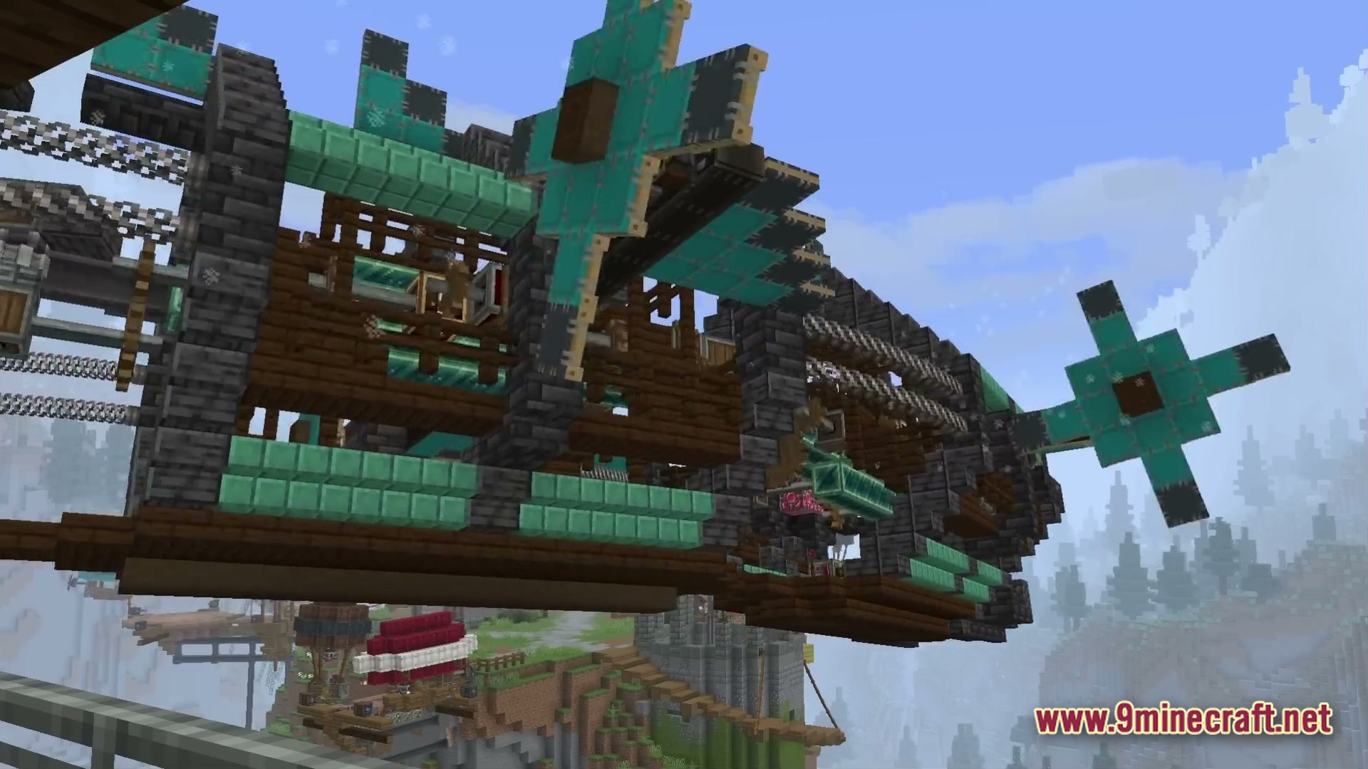Skybound Engineering Alpha Modpack (1.21.1) – Build And Fly Moving Machines 3 A large steampunk airship with teal propellers floats above a mountainous landscape with various structures
