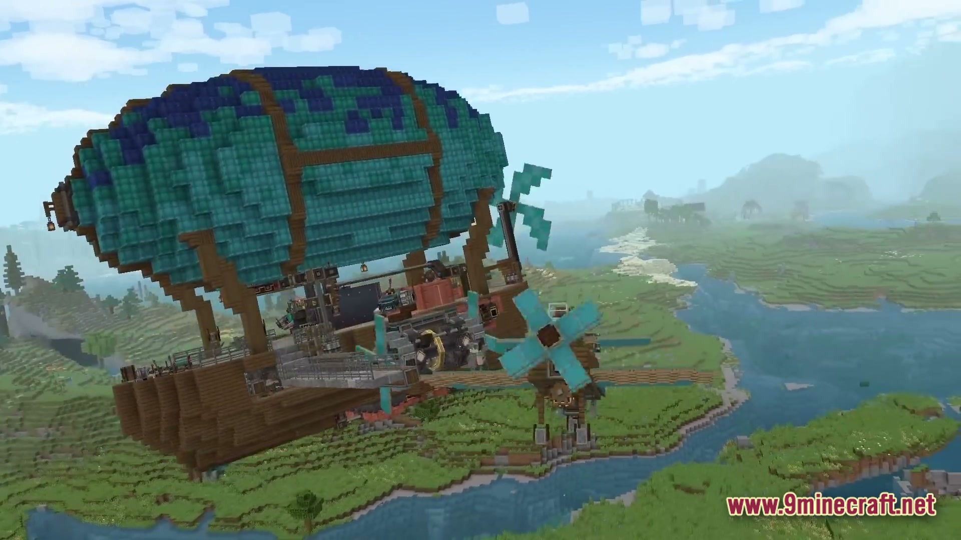 Skybound Engineering Alpha Modpack (1.21.1) – Build And Fly Moving Machines 4 A large steampunk airship with teal balloons flies over a green river valley landscape
