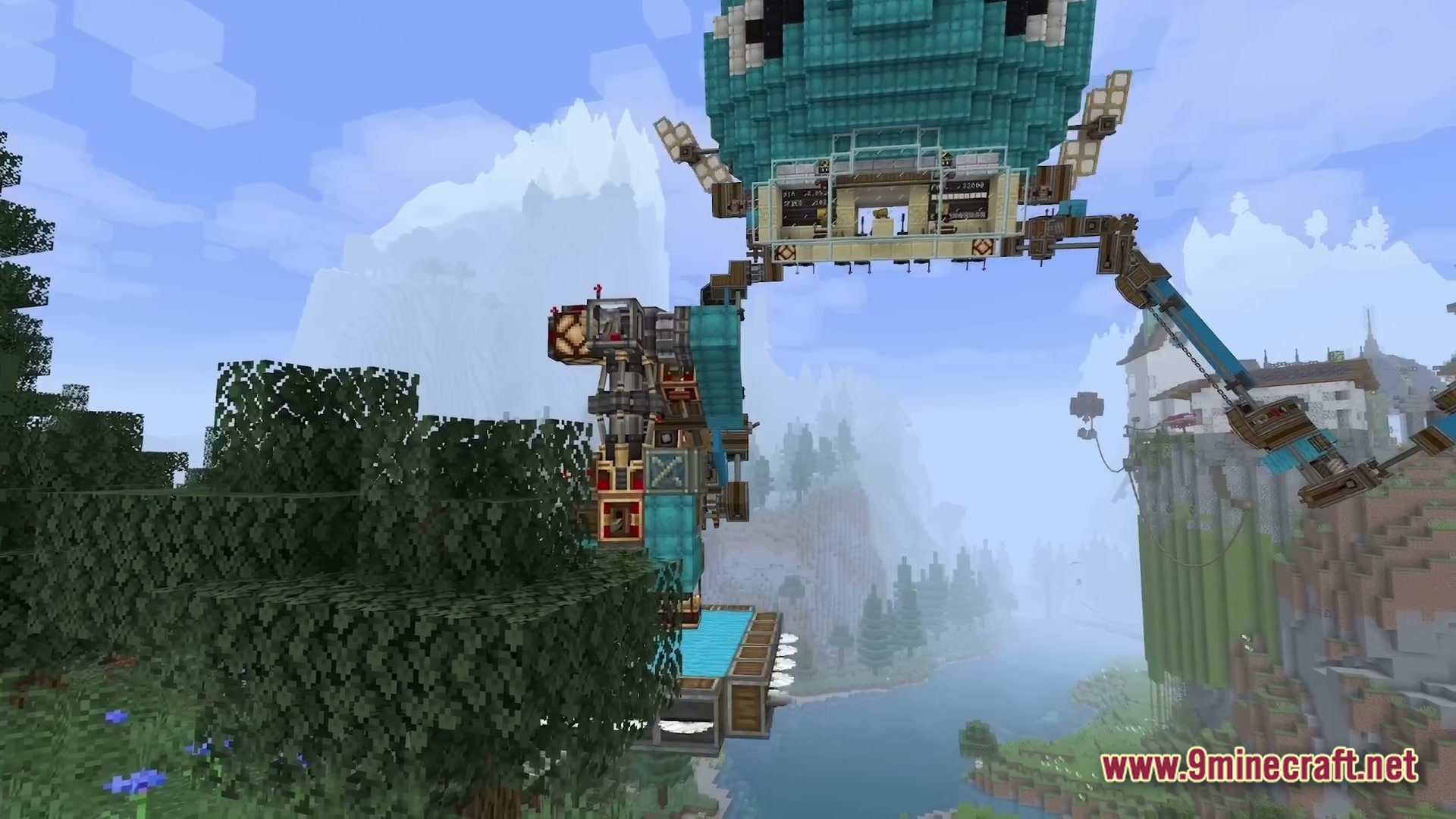 Skybound Engineering Alpha Modpack (1.21.1) – Build And Fly Moving Machines 5 A large turquoise airship structure with mechanical arms overlooks a mountainous river valley biome