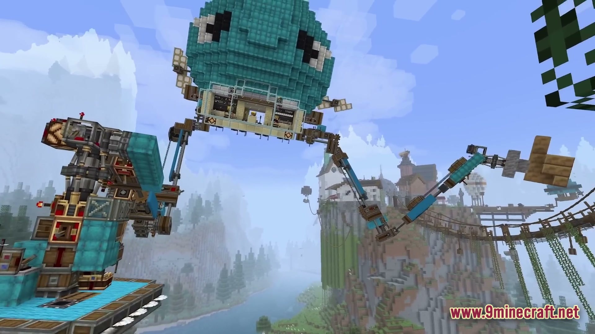 Skybound Engineering Alpha Modpack (1.21.1) – Build And Fly Moving Machines 6 A large mechanical teal creature with articulated limbs stands over a mountainous landscape with buildings