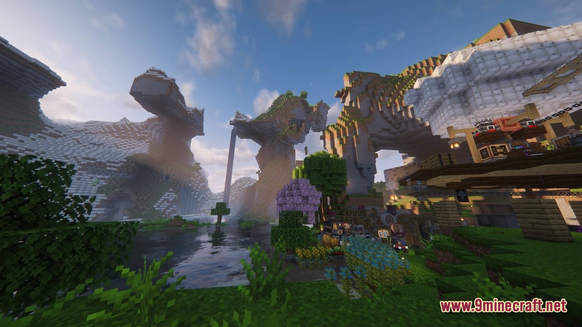 Skybound Engineering Alpha Modpack (1.21.1) – Build And Fly Moving Machines 8 Floating islands and industrial machinery overlook a river valley with custom trees and mountain terrain
