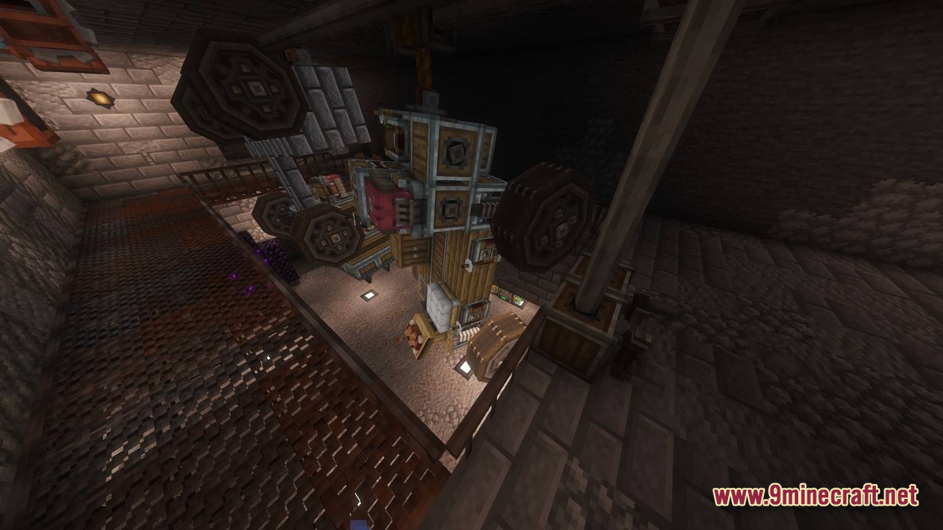 Skybound Engineering Alpha Modpack (1.21.1) – Build And Fly Moving Machines 9 A complex mechanical assembly featuring rotating gears and wooden components within a stone industrial facility