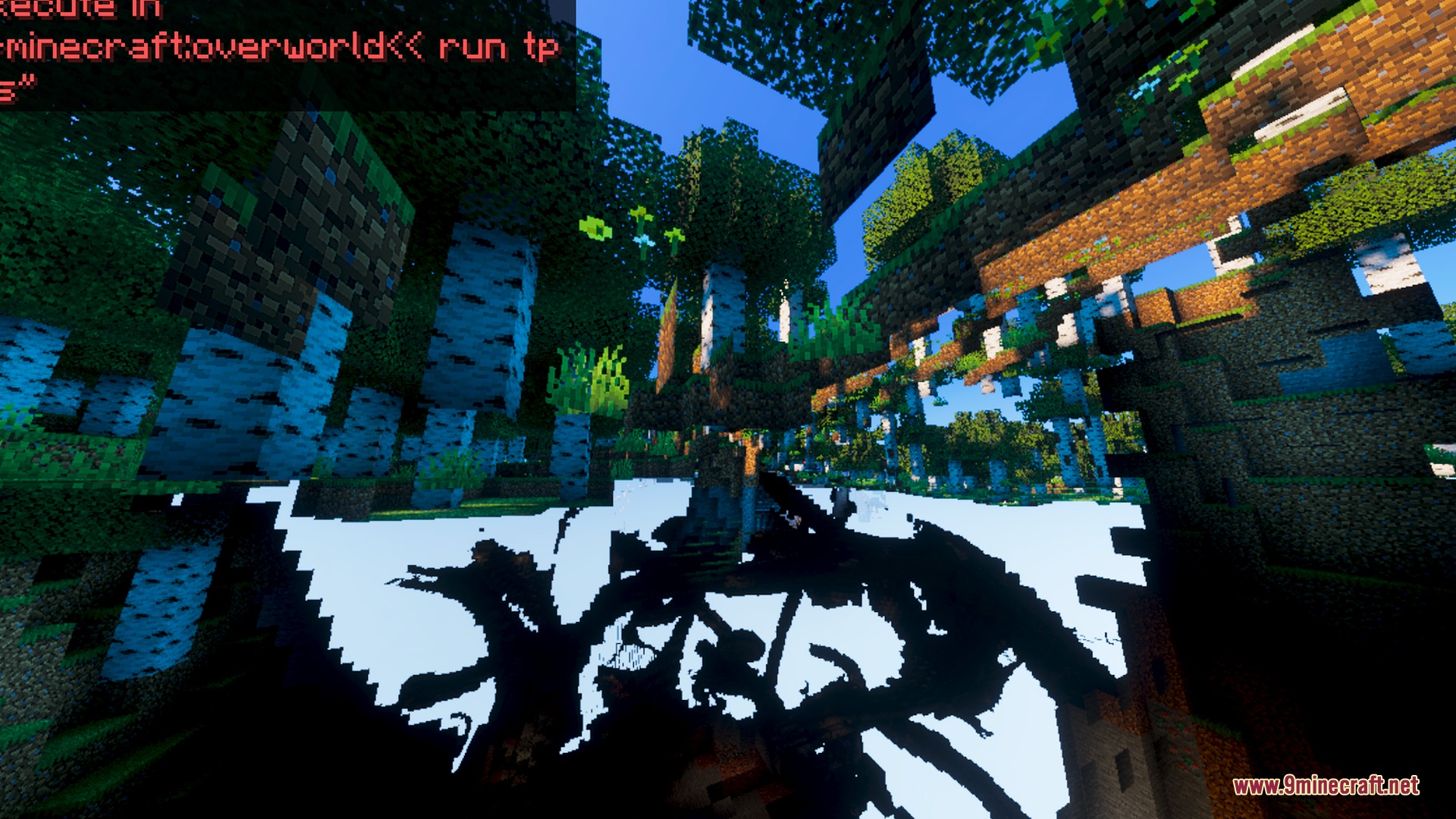 Sunlight filters through the leaves of a dense birch forest in minecraft