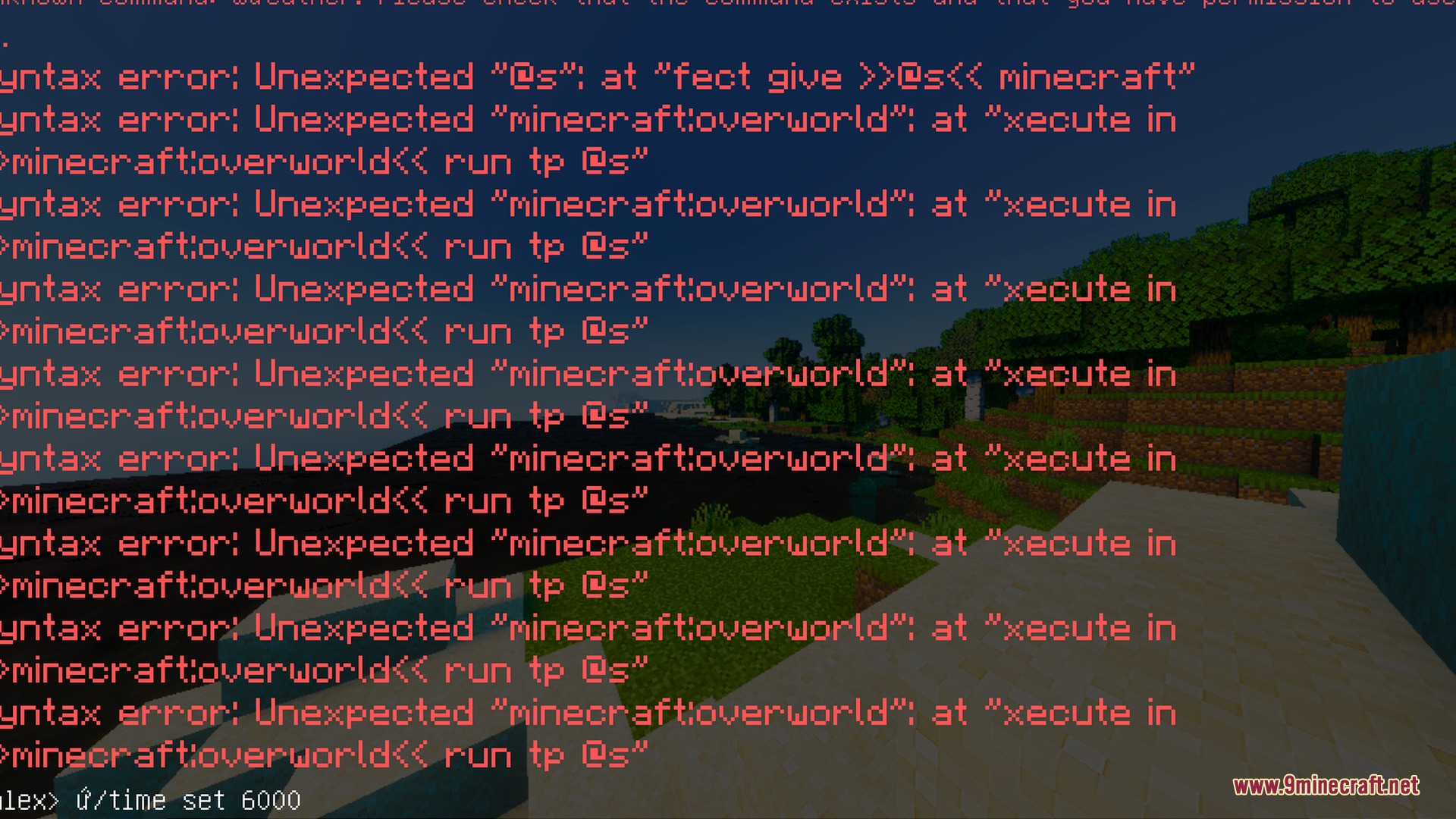 Red syntax error messages appearing in the chat over a bright landscape