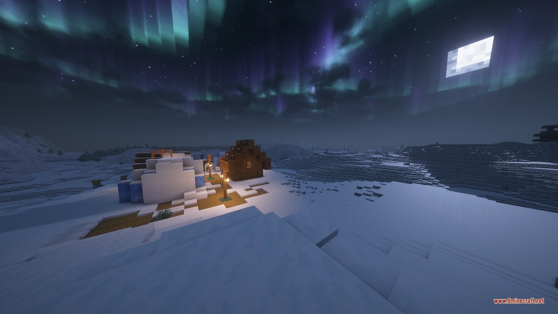 Snowy Biomes Enhanced Data Pack (26.2, 1.20.1) – White Tree Leaves And Smooth 2 Snowy biomes enhanced data pack creates a cozy village under the aurora