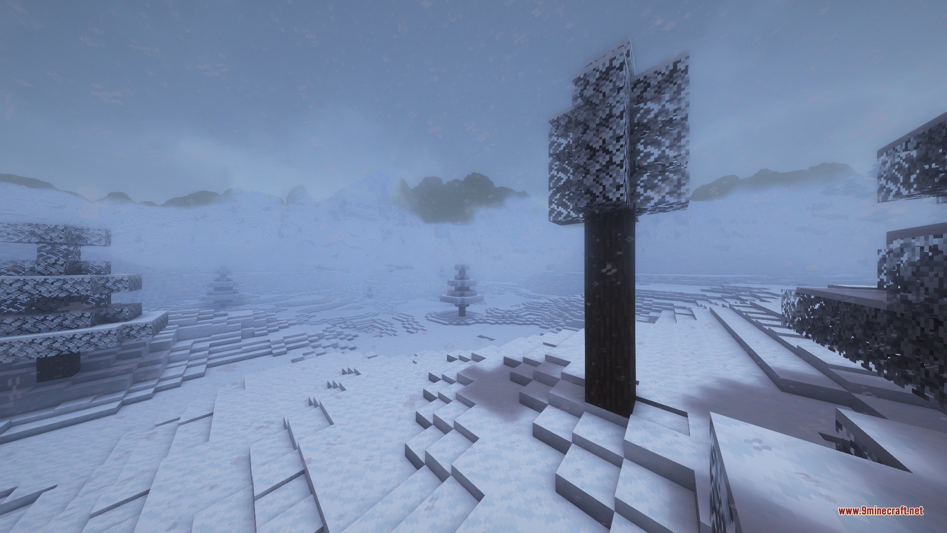 Snowy Biomes Enhanced Data Pack (26.2, 1.20.1) – White Tree Leaves And Smooth 3 White tree leaves and smooth snow layers cover the foggy winter landscape