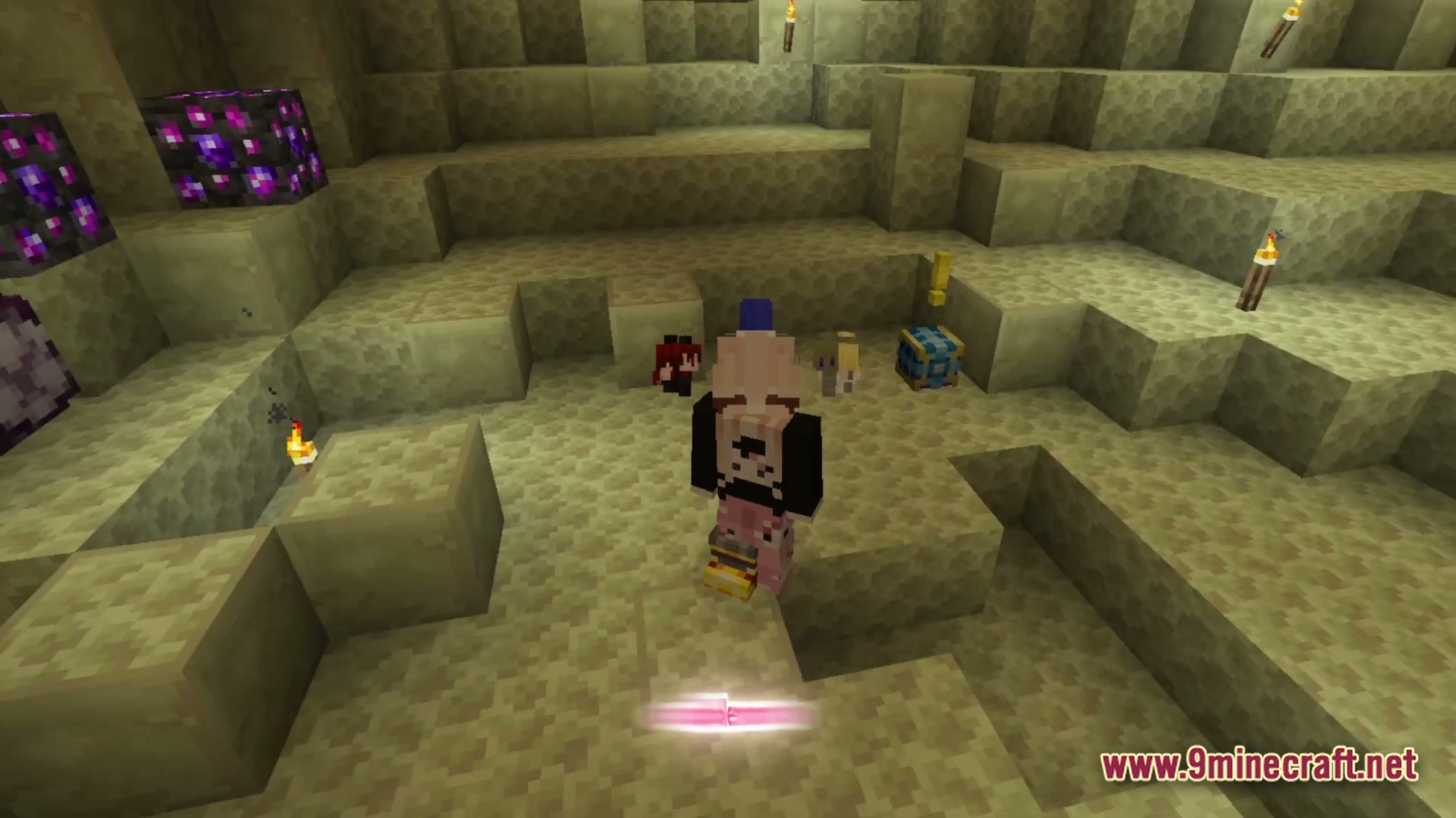 Society Sunlit Cobblemon Modpack (1.20.1) – Build Your Dream Monster Farm 2 A player character stands in an end stone cave near small creatures and a quest chest