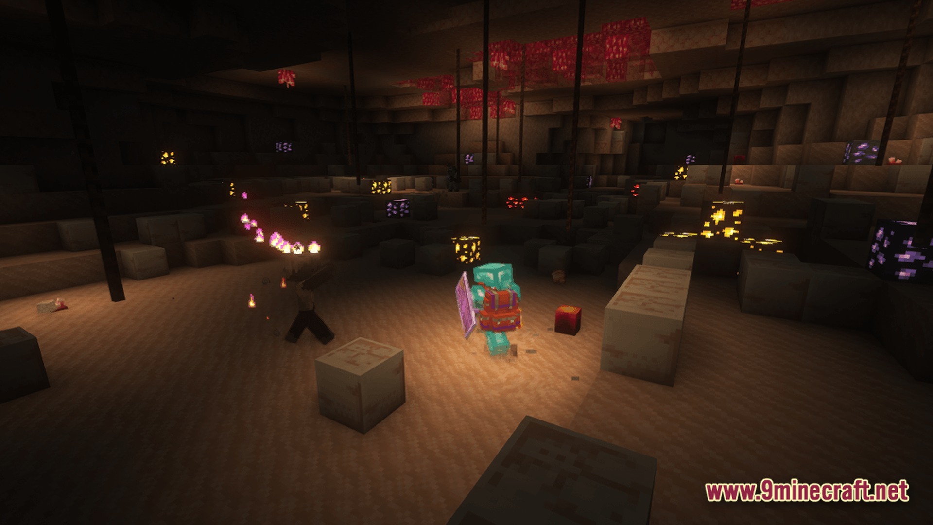 Society Sunlit Cobblemon Modpack (1.20.1) – Build Your Dream Monster Farm 11 A player in diamond armor explores a dark underground cavern filled with glowing ores and crystals
