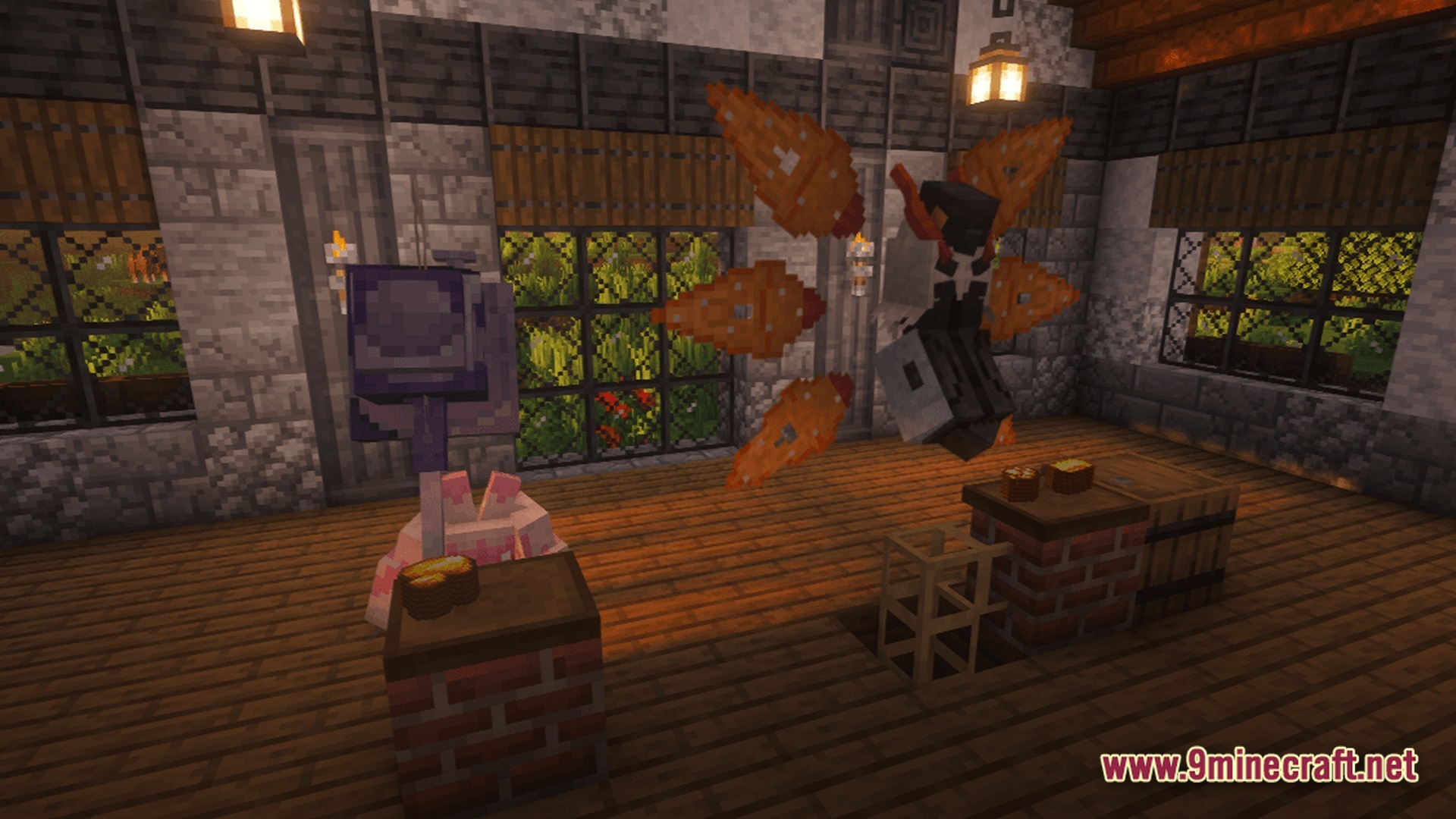 Society Sunlit Cobblemon Modpack (1.20.1) – Build Your Dream Monster Farm 8 A volcarona and a tinkaton stand inside a rustic stone and wood building with large windows