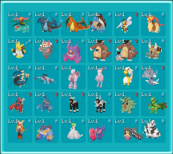 A grid of various mega evolution creature models in a blue menu