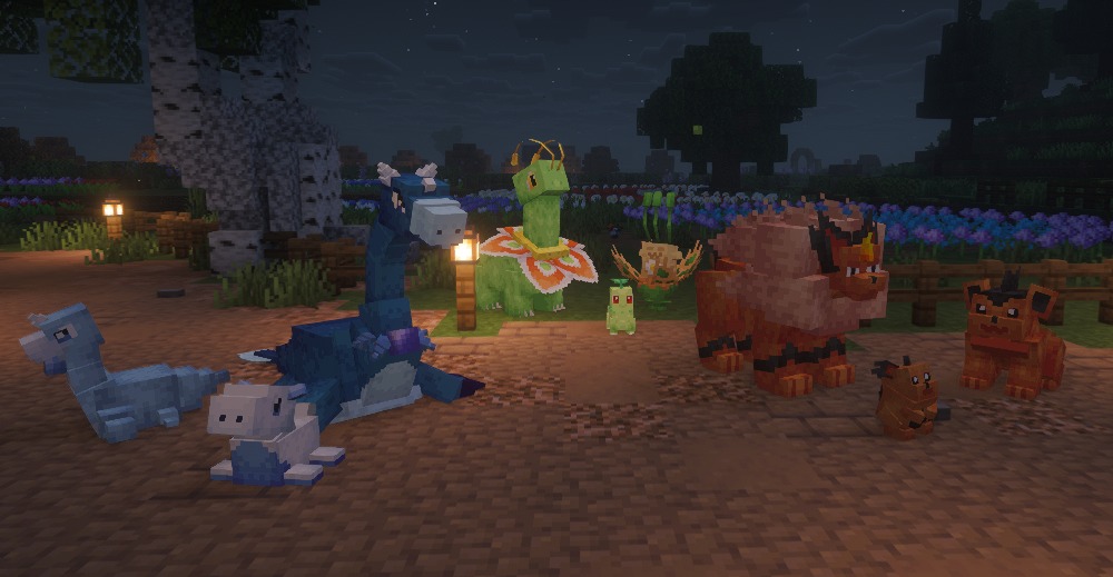 Spaceworld Mons Data Pack (1.21.1, 1.20.1) – Catch And Train Forgotten 2 A group of unique blocky monsters standing near lanterns in a garden