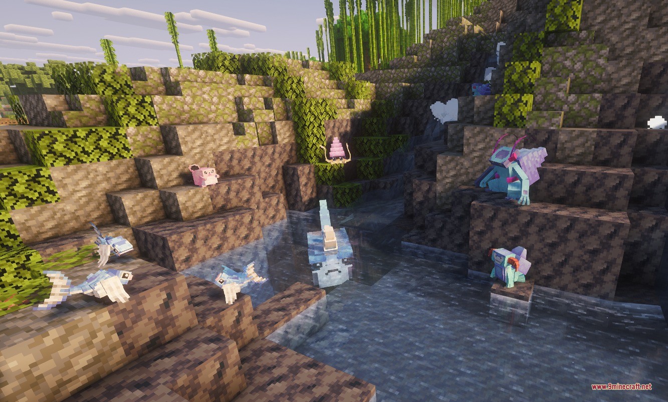Spaceworld Mons Data Pack (1.21.1, 1.20.1) – Catch And Train Forgotten 3 Several aquatic beta monsters swimming and resting near a waterfall in minecraft