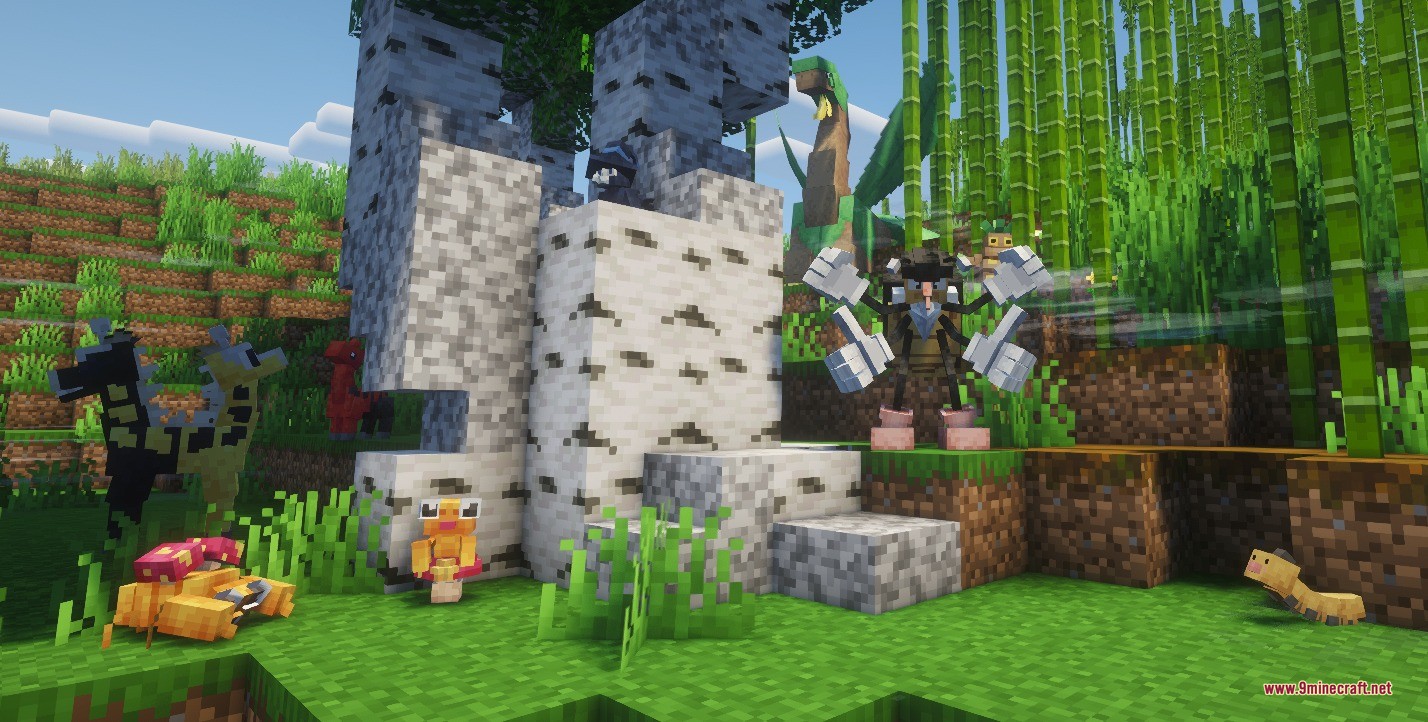 Spaceworld Mons Data Pack (1.21.1, 1.20.1) – Catch And Train Forgotten 4 Several rare beta monsters standing near birch trees and tall bamboo stalks