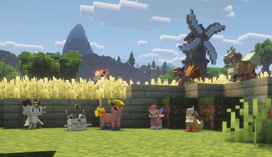 Spaceworld Mons Data Pack (1.21.1, 1.20.1) – Catch And Train Forgotten 5 Various prototype monsters standing in a grassy field with a windmill behind
