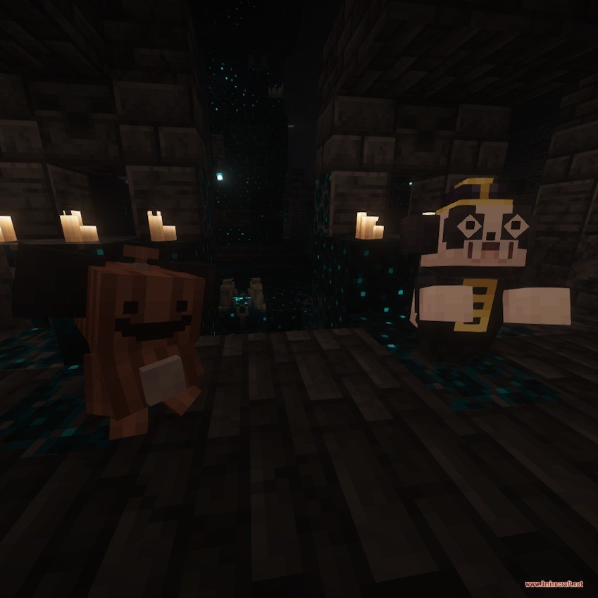 Spaceworld Mons Data Pack (1.21.1, 1.20.1) – Catch And Train Forgotten 9 Two small beta monsters standing near candles in a dark sculk filled cave