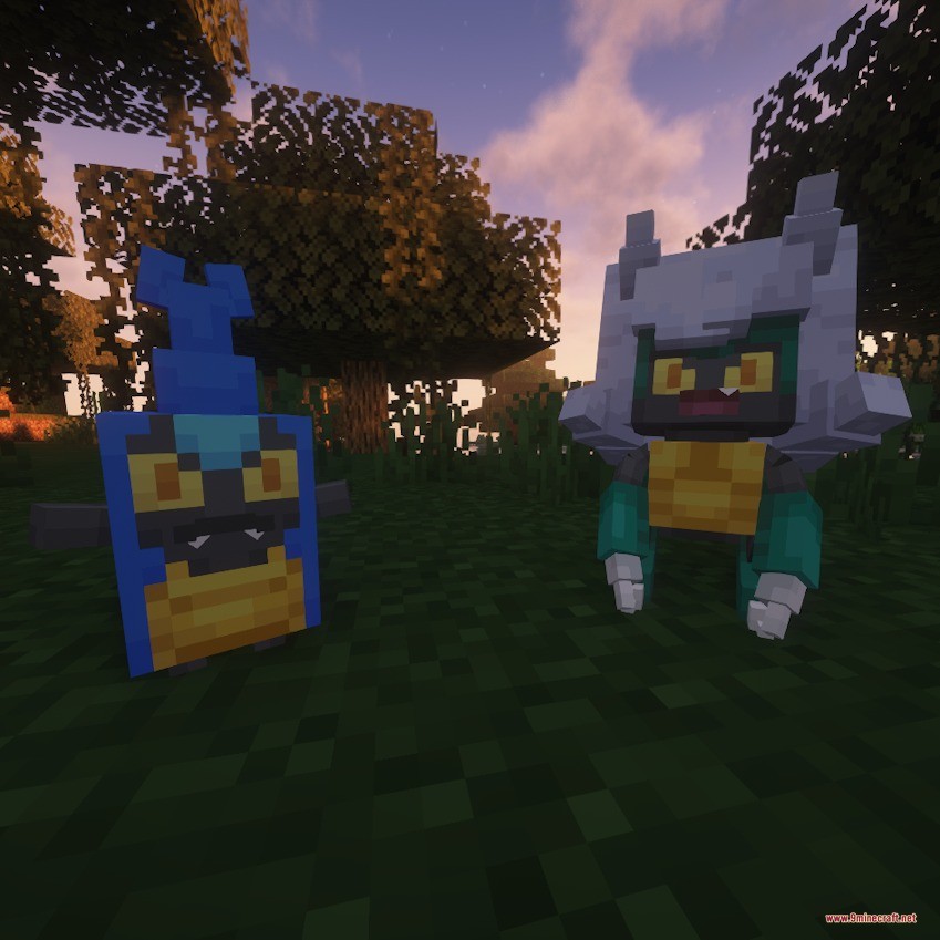 Spaceworld Mons Data Pack (1.21.1, 1.20.1) – Catch And Train Forgotten 10 Two unique beta pocket monsters standing together in a lush forest at sunset