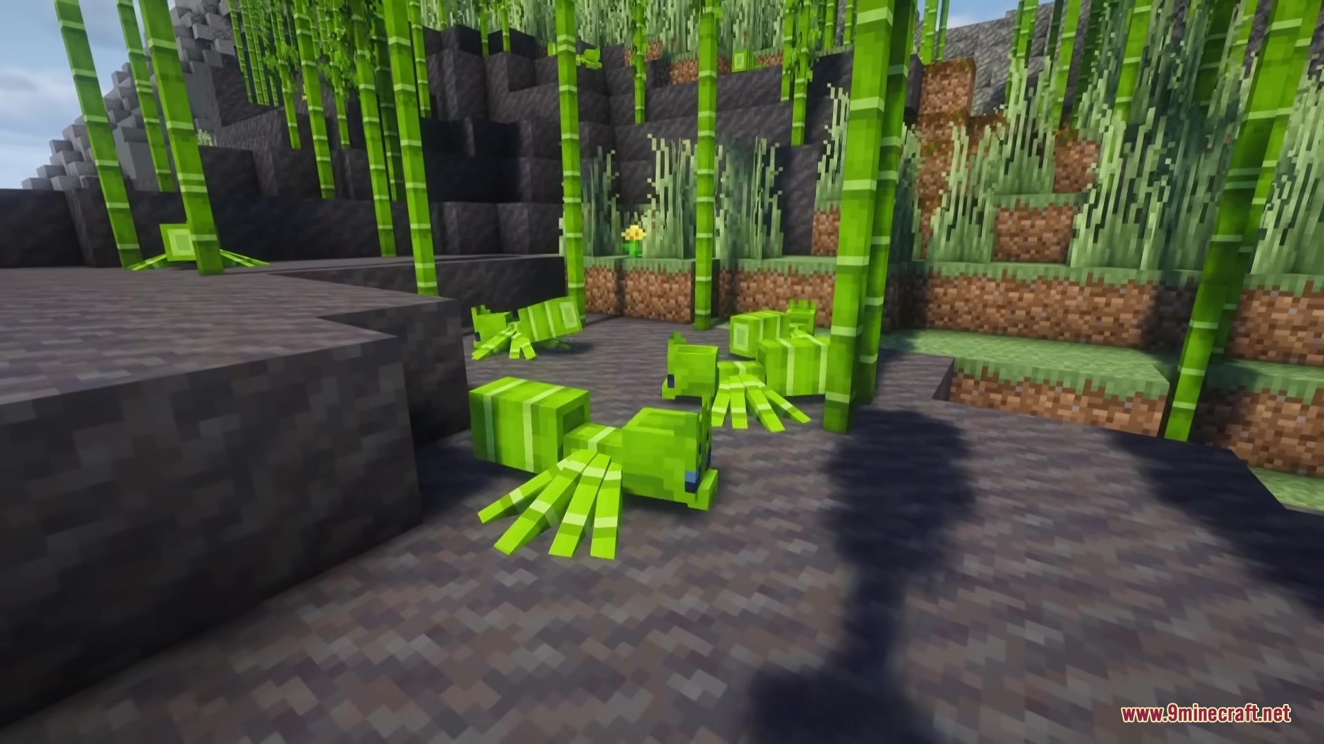 Spider Overhaul Mod (26.2, 1.20.1) – Survive Deadly New Spiders 2 Green jungle spiders camouflaged as bamboo crawling on the ground in minecraft