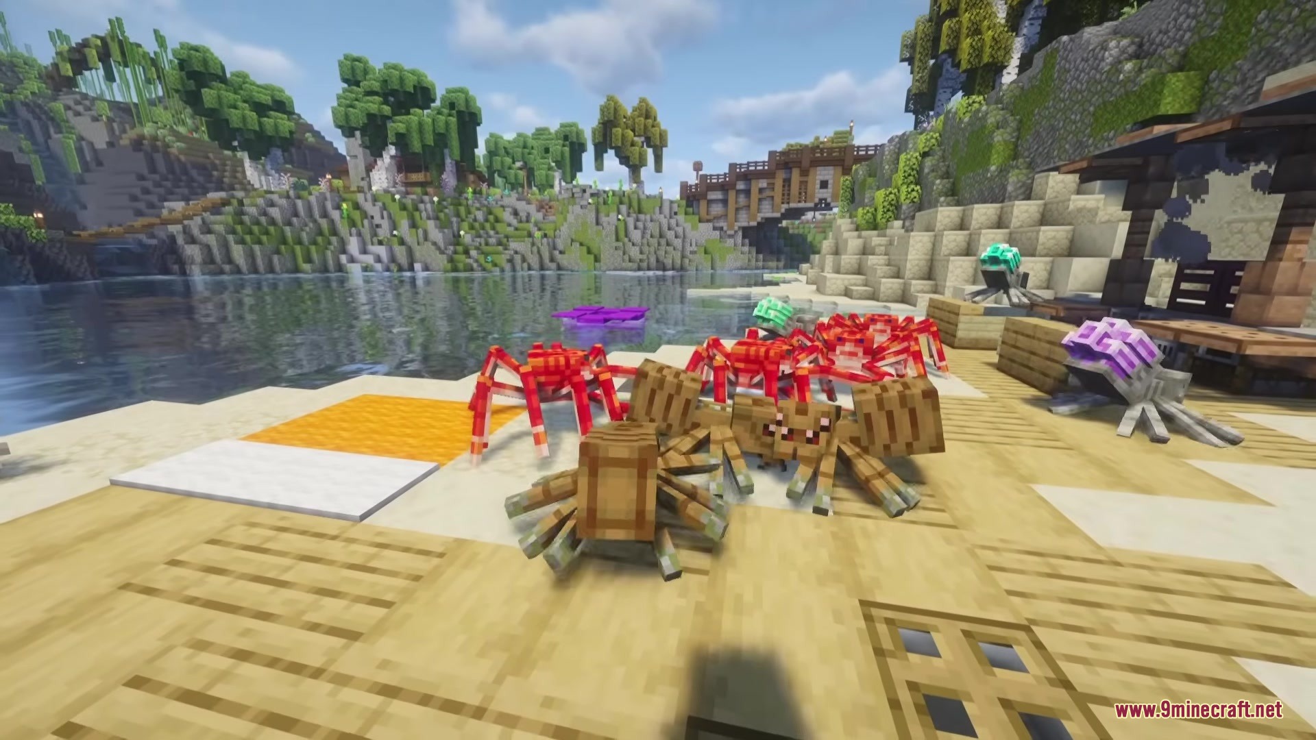 Spider Overhaul Mod (26.2, 1.20.1) – Survive Deadly New Spiders 4 A group of colorful spiders gathered on a wooden dock near the water