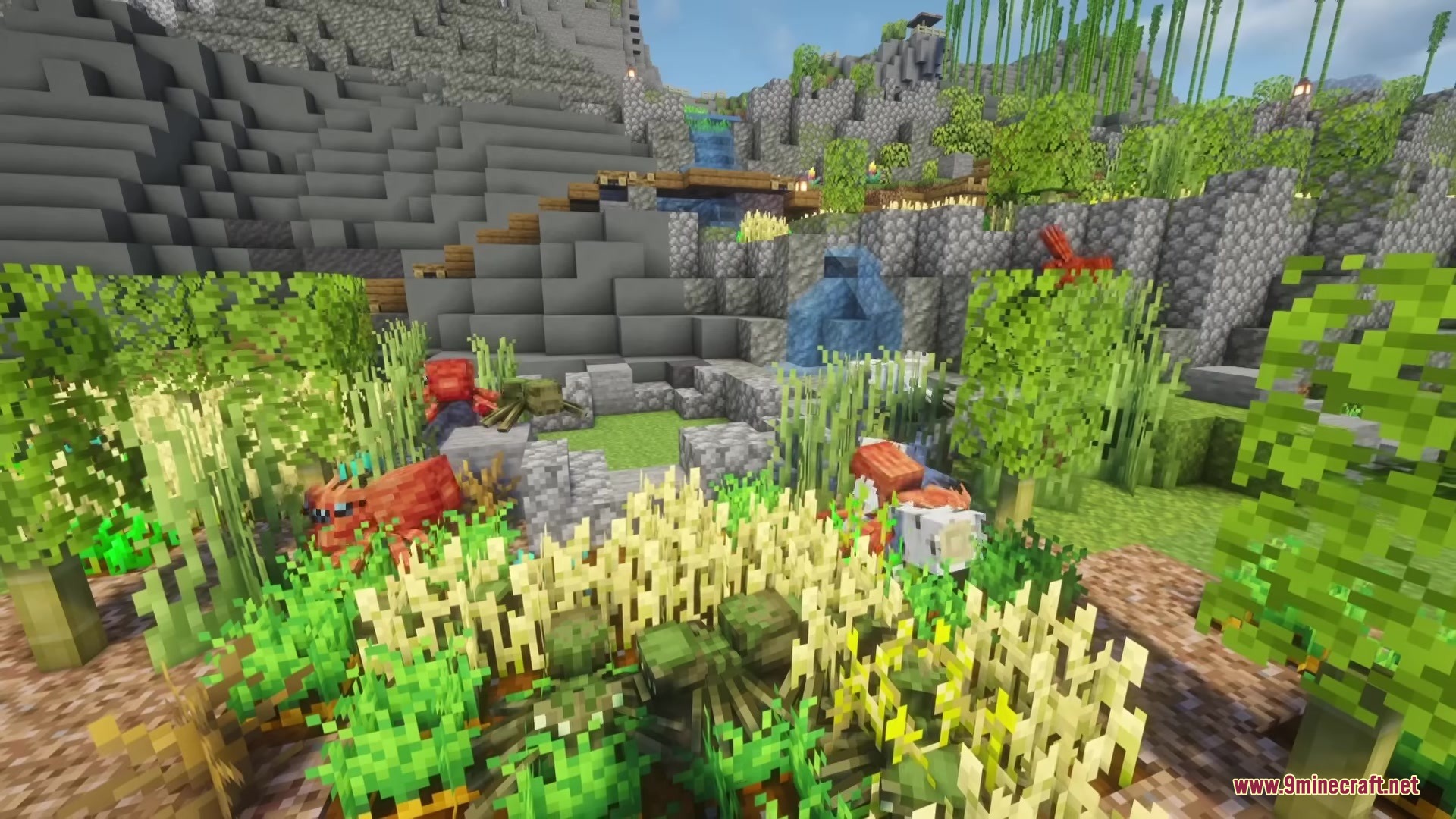 Spider Overhaul Mod (26.2, 1.20.1) – Survive Deadly New Spiders 5 Biome specific spiders roaming through a rocky landscape with bamboo and plants