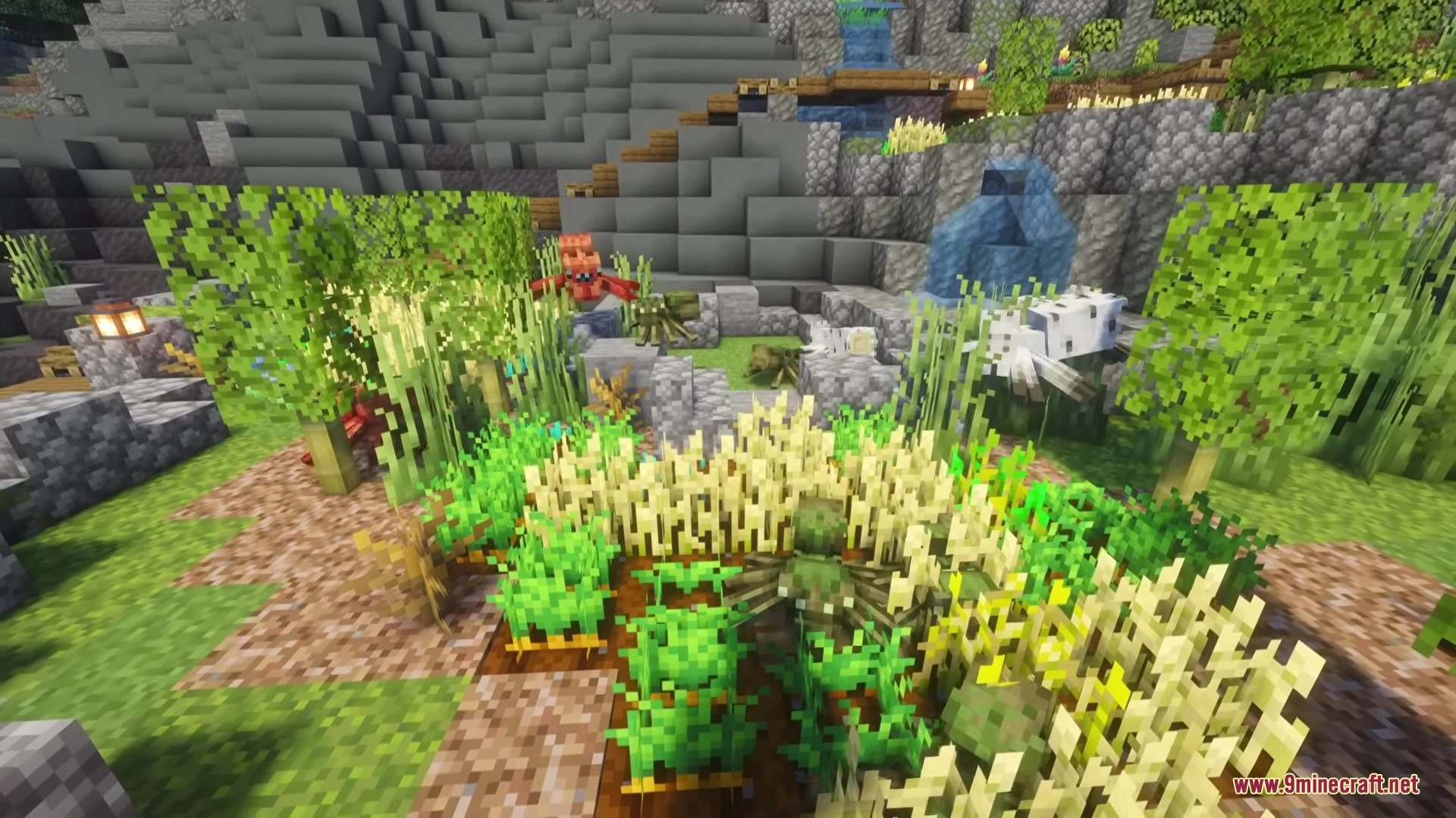 Spider Overhaul Mod (26.2, 1.20.1) – Survive Deadly New Spiders 6 Various unique spiders crawling in a garden with crops and stone walls
