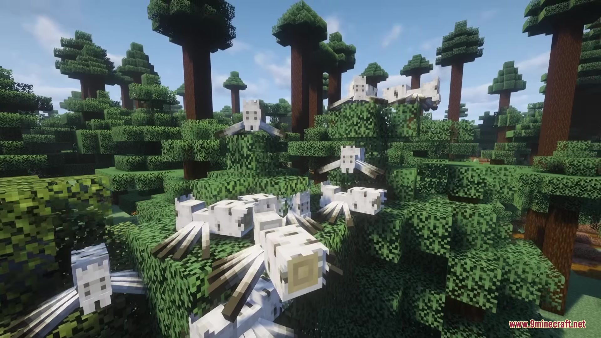 Spider Overhaul Mod (26.2, 1.20.1) – Survive Deadly New Spiders 8 A group of white birch spiders camouflaged among the green forest leaves