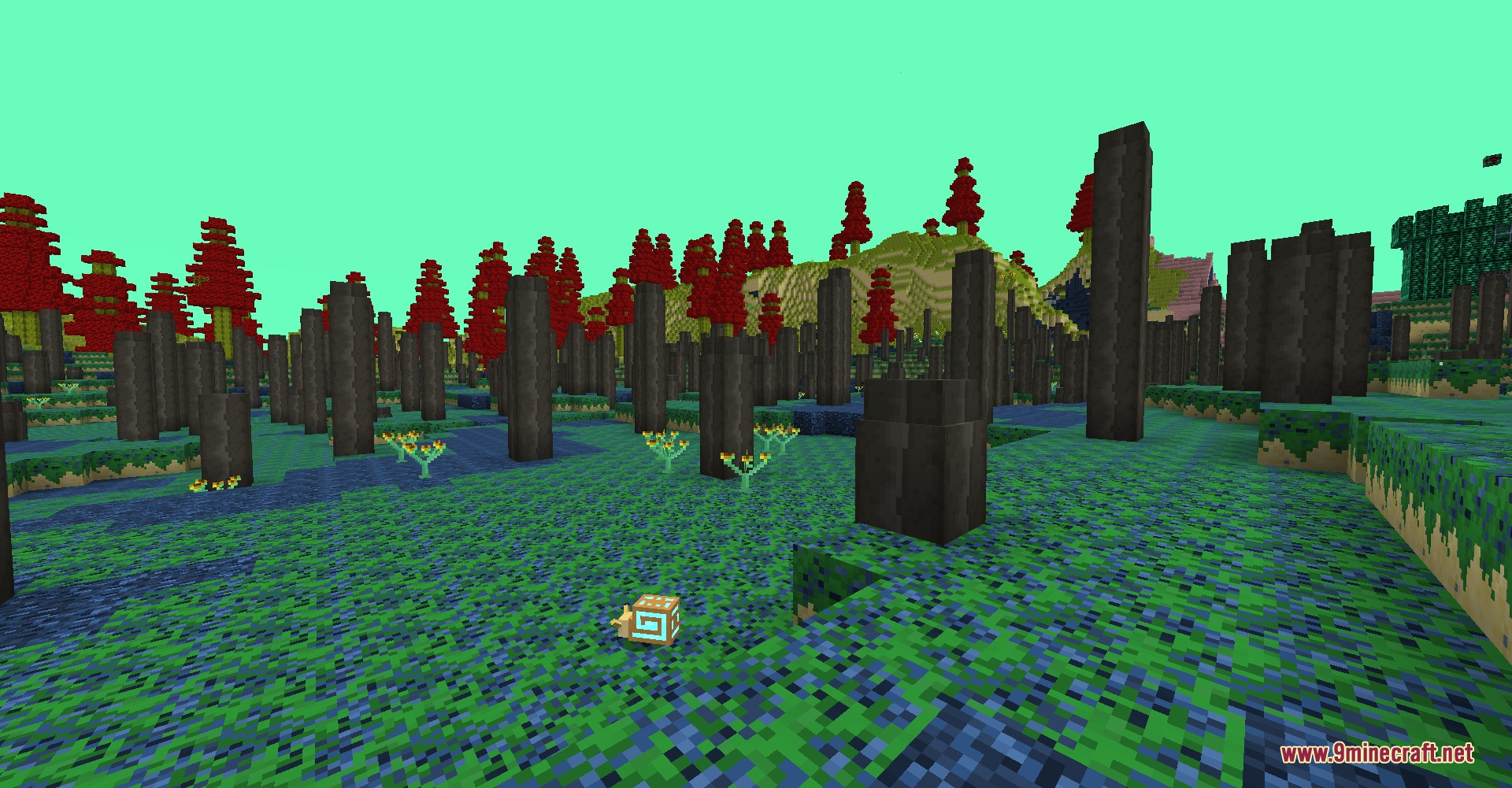 Spoduo The Spores Mod (1.20.1) – Battle Ancient Sea Life In A Strange Fungal 5 A small snail mob explores a dimension filled with tall dark fungal pillars