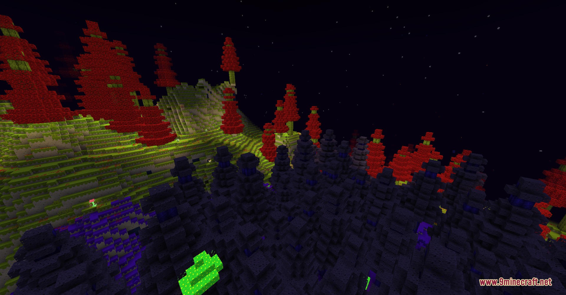 Spoduo The Spores Mod (1.20.1) – Battle Ancient Sea Life In A Strange Fungal 6 Dark landscape featuring black spiky structures and red trees in the spoduo dimension