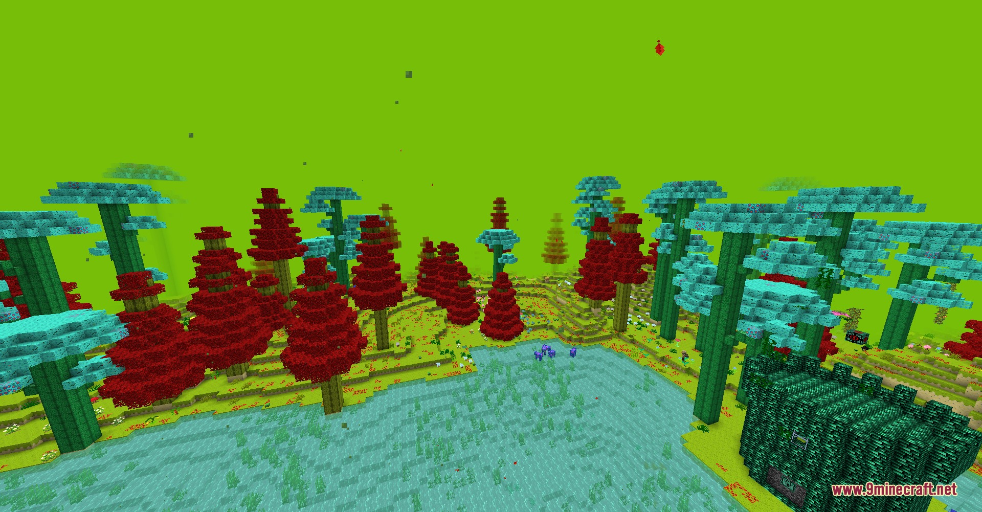 Spoduo The Spores Mod (1.20.1) – Battle Ancient Sea Life In A Strange Fungal 7 Vibrant forest with teal mushroom trees and red plants near a blue lake